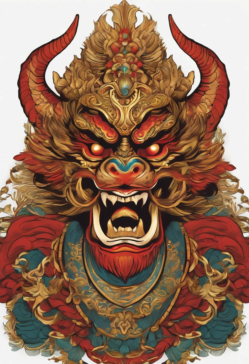 Sticker illustration on white background, Dragon Face Paint, Pintura em estilo oriental, tengu mask, demon samurai mask, Asura em mitologia chinesa, Estilo de contorno arrojado, bordas irregulares,, sombreamento claro --v 5.2