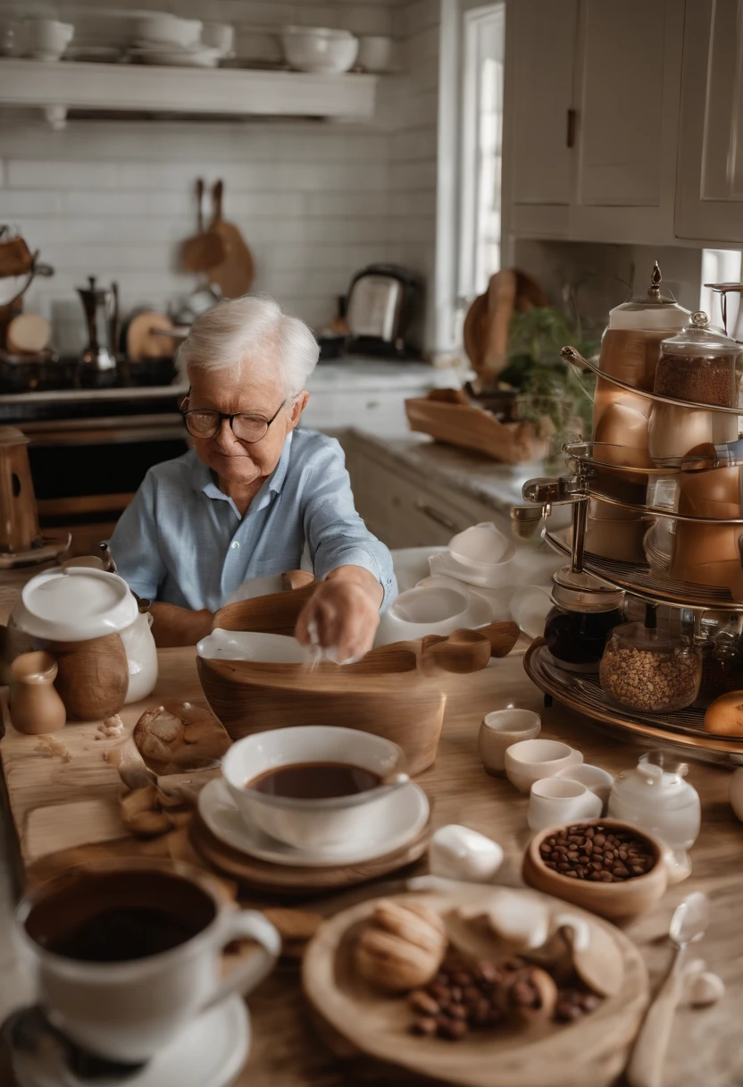 Describe Grandpa John's meticulous morning ritual in preparing coffee for his large family. Highlight the details of organization and care, From the choice of grains with large marble countertop