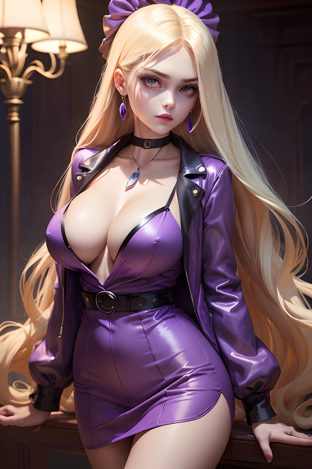 ((Pacifica northwest from gravity falls animated series))(big glowing eyes)(bright red lips)) ((long blonde straight hairstyle with bangs))((dark eyeshadows make up))(((very huge breasts))) ((perfect slim body))((wears light purple mini dress, dark purple jacket)), (earrings, choker, head band, belt)((posing sexy alone inside haunted mansion))(high definition, dynamic illumination and shadows)((masterpiece))(8k)(perfect face)(best quality) (perfect hands and eyes)((ghosts floating around))