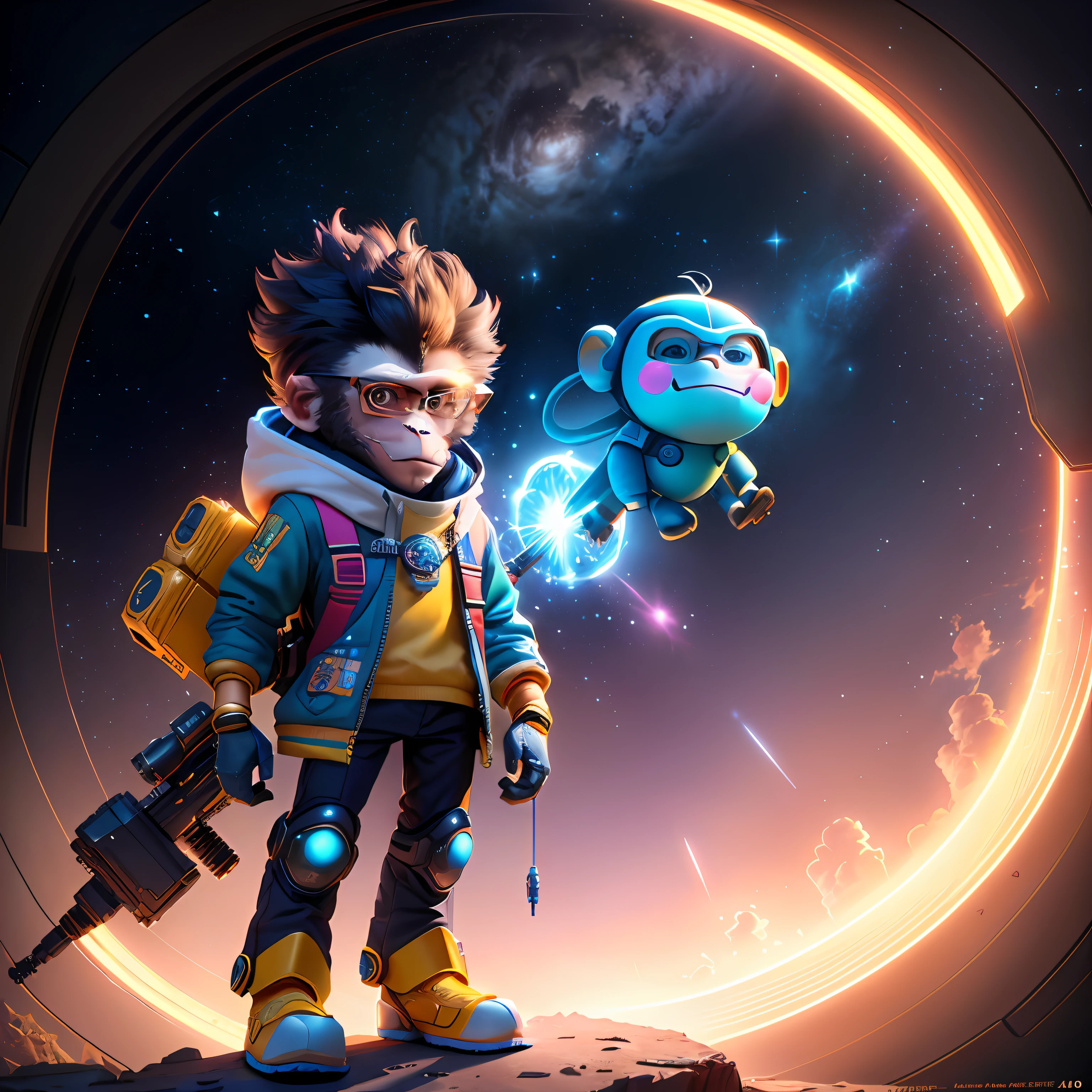 games,mobile,battletoyle icon profile,character looking for viewer,male child with glasses,2d,blue background,character holding a machine gun,led lights on clothing,ninja touch (maximum quality) (4k image)