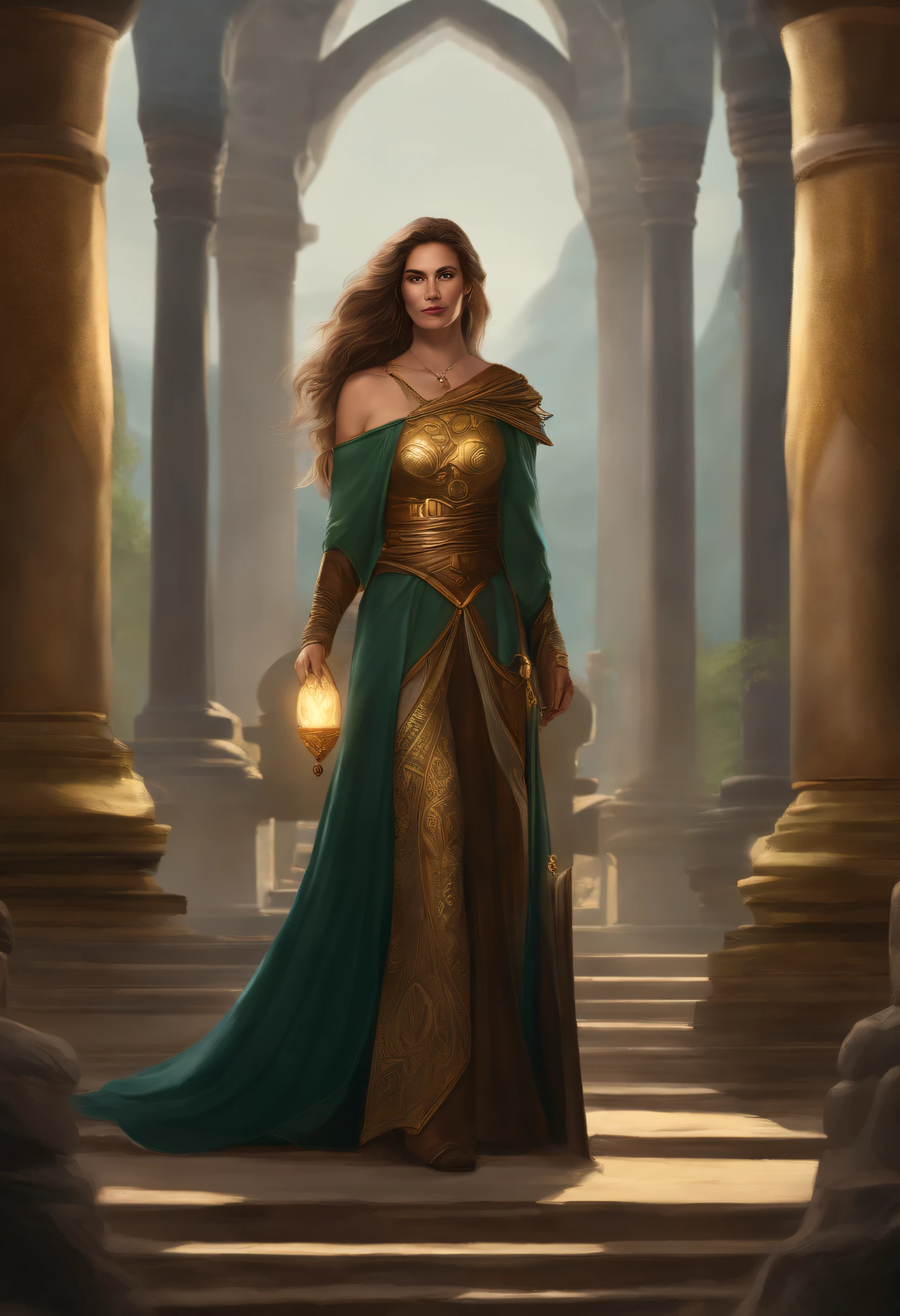 Create a character concept for a monk named Kaelia Aurafist, who is known as Lady Kaelia Drakthorn's daughter. Lady Kaelia Drakthorn is a disciplined and serene individual, deeply connected to the natural world and the ideals of her family and empire. Kaelia Aurafist shares her mother's dedication to the monastic path of the gold dragon, embodying their virtues of wisdom, justice, and compassion. Describe Kaelia Aurafist's background, personality, appearance, and abilities, and explain her role as a guardian of wisdom within the empire