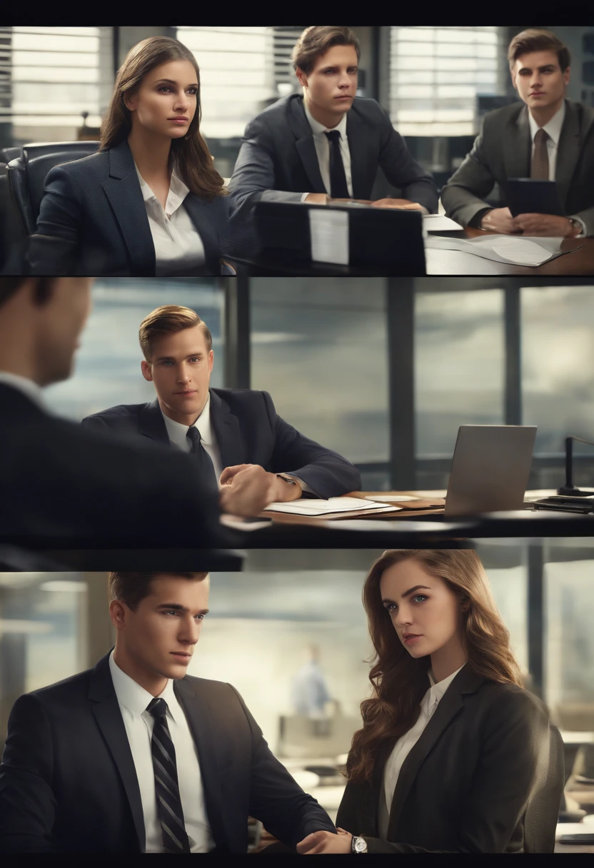 Two people together in FBI office, 17-year-old male field agent with brown hair and green eyes, 16-year-old female FBI profiler with light brown hair and hazel eyes, sweet personalities, profession: FBI agents (best quality, 4k, highres, realistic:1.2), ultra-detailed, studio lighting, portraits, vivid colors, professional, FBI badges, modern office setting, desks, computers, files, confidential documents, FBI logo, official attire, serious expressions, intense focus, collaboration, teamwork.