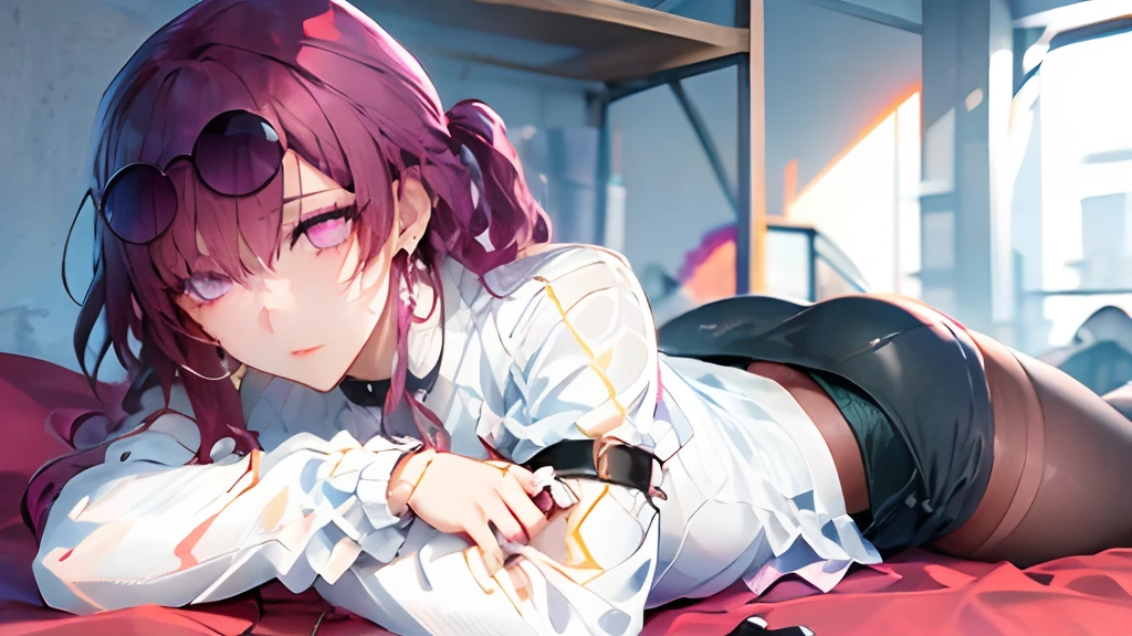 masterpiece, best quality, 1girl, skinny, , shirt, (:1.4), pantyhose, eyewear on head, purple eyes, empty eyes, fishnets, full body, purple background, laying down