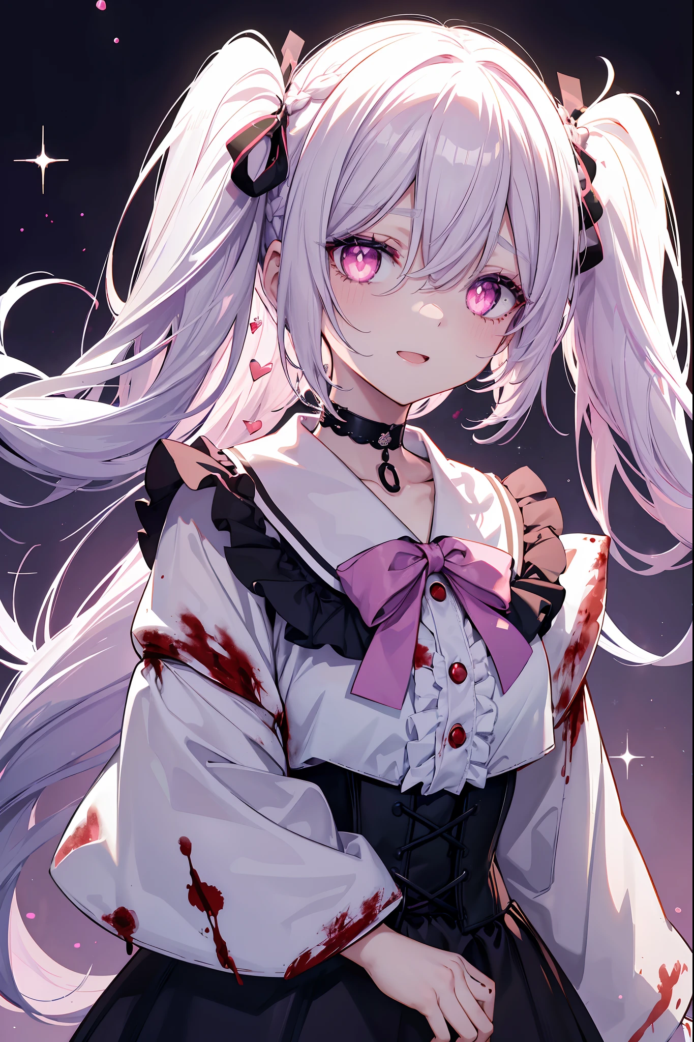 woman\((Blood:1.2),,White skin,(Wicked Smile:1.3),Open your mouth,Sharp teeth,(Long Tongue:0.8),hair\(pink,Twin tails,detailed,Shiny\),hairclip\(Yellow and white\),shirt\(Open shoulder,Long sleeve\),skirt\(black,short\),Tea belt,Corner of the eye\(pink\),(Narrow eyes\(gray\):0.8),very cute pose,Medium chest\), break ,background\(Simple,cute,Fancy,dark,pink heart marks\), break ,quality\(8k,wallpaper of extremely detailed CG unit, masterpiece,High resolution,top-quality,top-quality real texture skin,Surreal,Increase the resolution,RAW Photos,最高quality,highly detailed,wallpaper,Cinema Lighting,Ray-tracing,Golden Ratio\),(Dynamic Angle),(Face close-up:1.8),[Browsing Caution:2.0],Looking down at the viewer