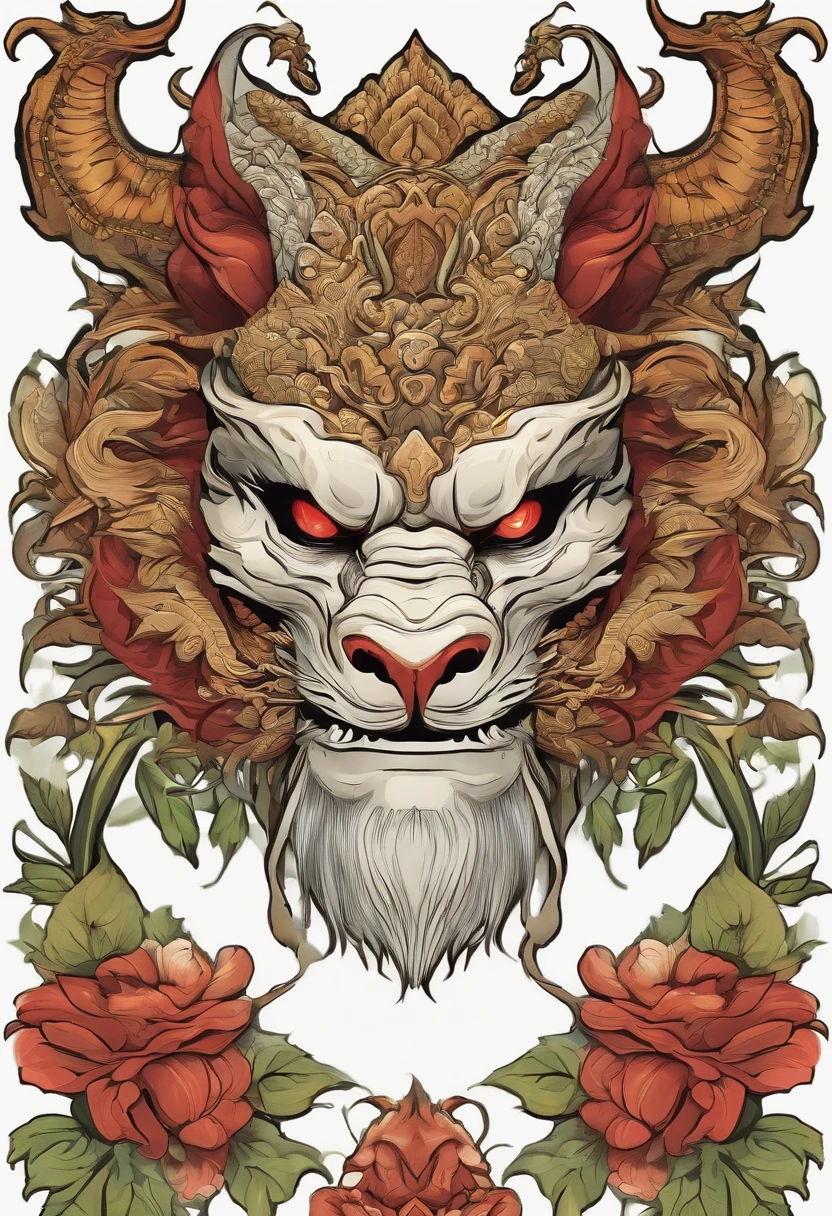 Sticker illustration on white background, Leprechaun face paint in the shape of a dragon, Pintura em estilo oriental, tengu mask, demon samurai mask, Asura em mitologia chinesa, Estilo de contorno arrojado, bordas irregulares, lixeira, sombreamento claro --v 5.2