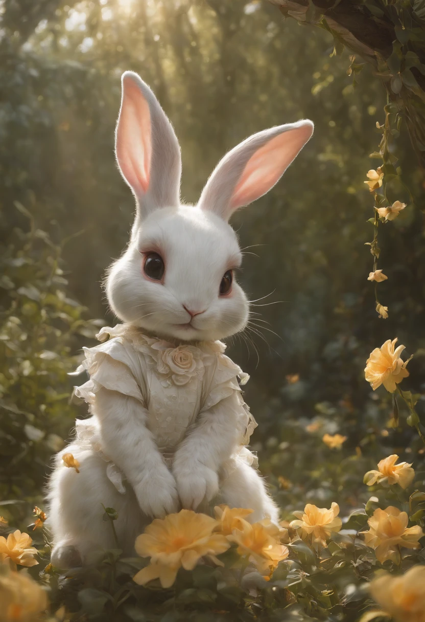 Crafted in the realm of comics, a rabbit ventures amidst flowers, a canvas woven by the touch of Rich Decaying Bleeding Colors. An oil painting's depth graces the scene, Tim Burton's spirit intertwined. Peter Mohrbacher's attention to detail breathes life into every petal, while the rabbit's expression, much like Dan Mumford's characters, resonates with intent. The lighting, reminiscent of Lee Madgwick and Liam Wong, dances across, capturing each emotion in a spectral glow. A portal to dreams, Jasmine Becket Griffith's essence infuses the scene, inviting all to partake in its enigmatic embrace, golden ratio, fake detail, trending pixiv fanbox