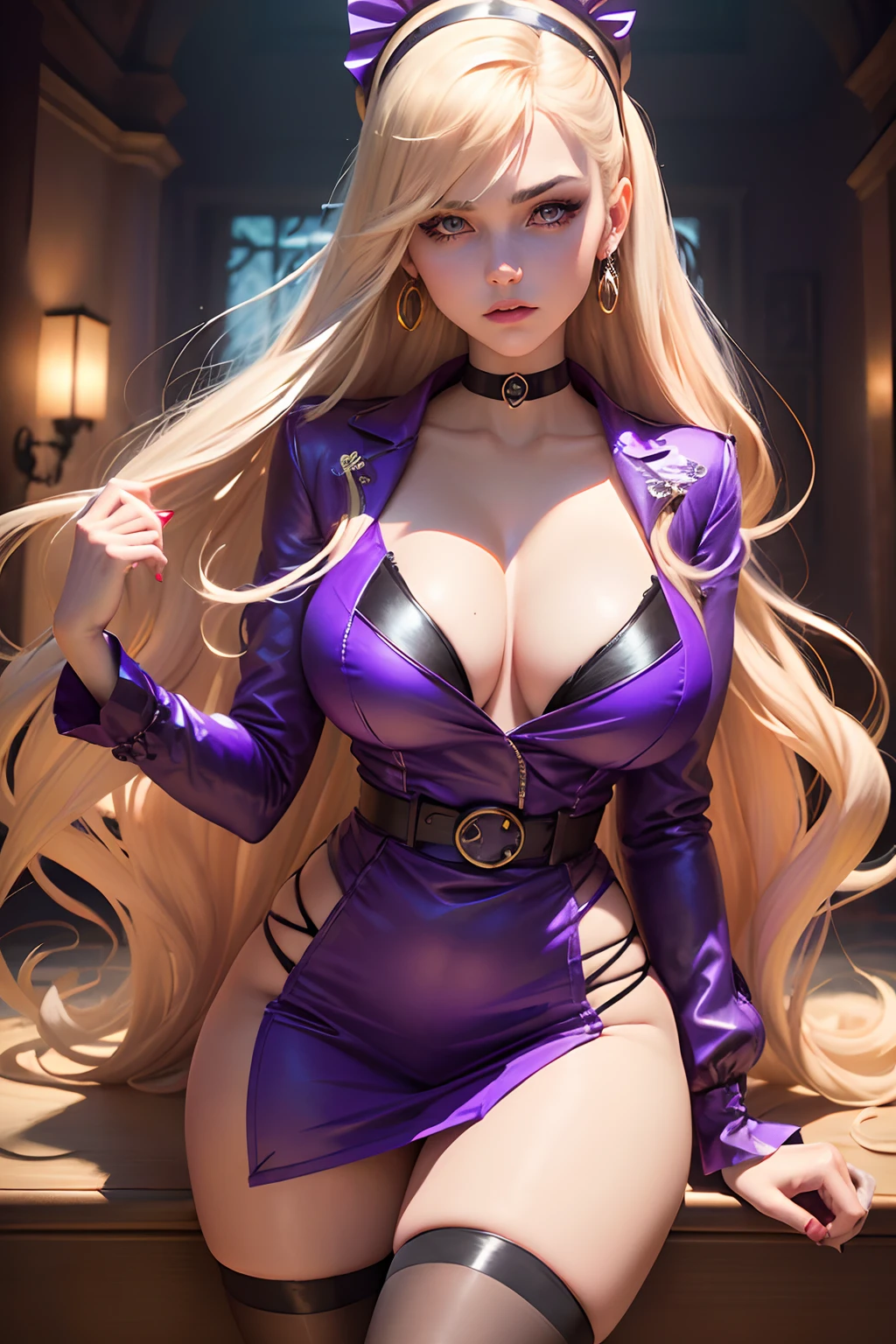 ((Pacifica northwest from gravity falls animated series))(big glowing eyes)(bright red lips)) ((long blonde straight hairstyle with bangs))((dark eyeshadows make up))(((very huge breasts))) ((perfect slim body))((wears light purple short dress)) ((dark purple jacket)) (earrings, choker, head band, belt, stockings)((posing sexy inside haunted mansion))(high definition, dynamic illumination and shadows)((masterpiece))(8k)(perfect face)(best quality) (perfect hands and eyes)((ghosts floating around))