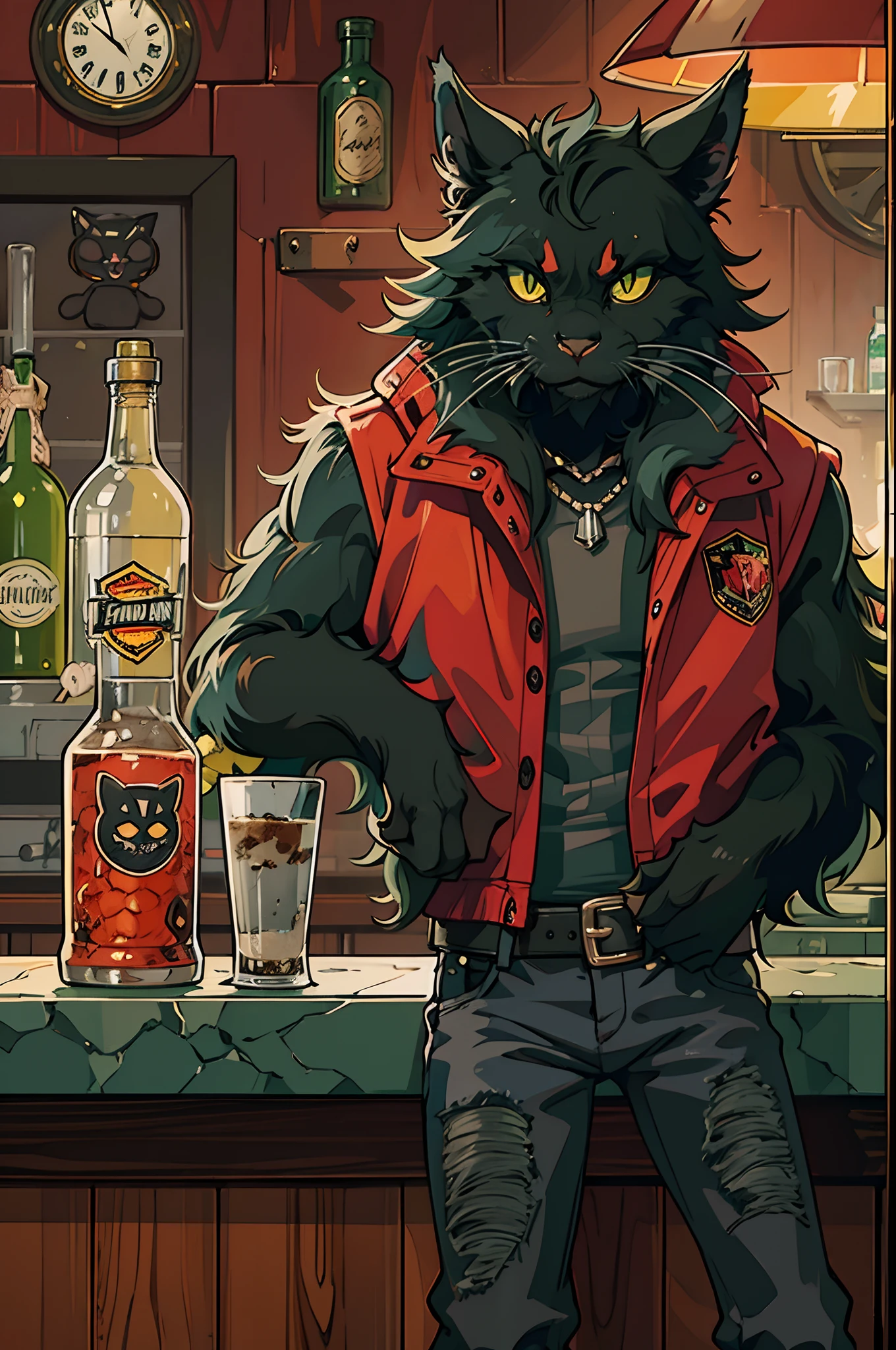 anthropormorphic furry black cat with black neck tuff, green cat eyes, grey upper lip mouth, black fuzzy hair on top of his head, wearing a red jacket and black jeans, holding a cup being a bartender on a bar that he owns