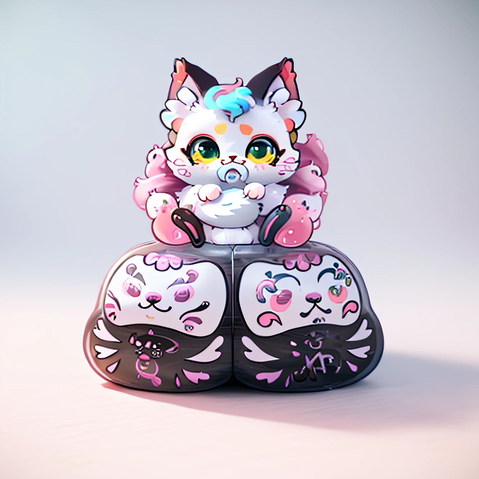 There is a painting,A cat sits on a twin dam, Cute kitten, Kawaii cat, Cute detailed digital art, cute colorful adorable, POP blind box, lovely art style, anime cat, cute artwork, cat seahorse fursona, cute detailed artwork, low res, Detailed fanart, Chibi Art, 3D model, cute character, adorable creature