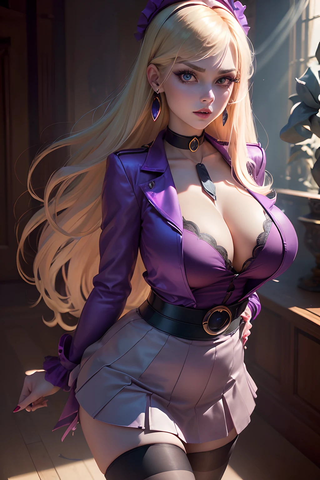 ((Pacifica northwest from gravity falls animated series))(big glowing eyes)(bright red lips)) ((long blonde straight hairstyle with bangs))((dark eyeshadows make up))(((very huge breasts))) ((perfect slim body))((wears light purple blouse and skirt)) ((dark purple jacket)) (earrings, choker, head band, belt, stockings)((posing sexy inside haunted mansion))(high definition, dynamic illumination and shadows)((masterpiece))(8k)(perfect face)(best quality) (perfect hands and eyes)((ghosts floating around))