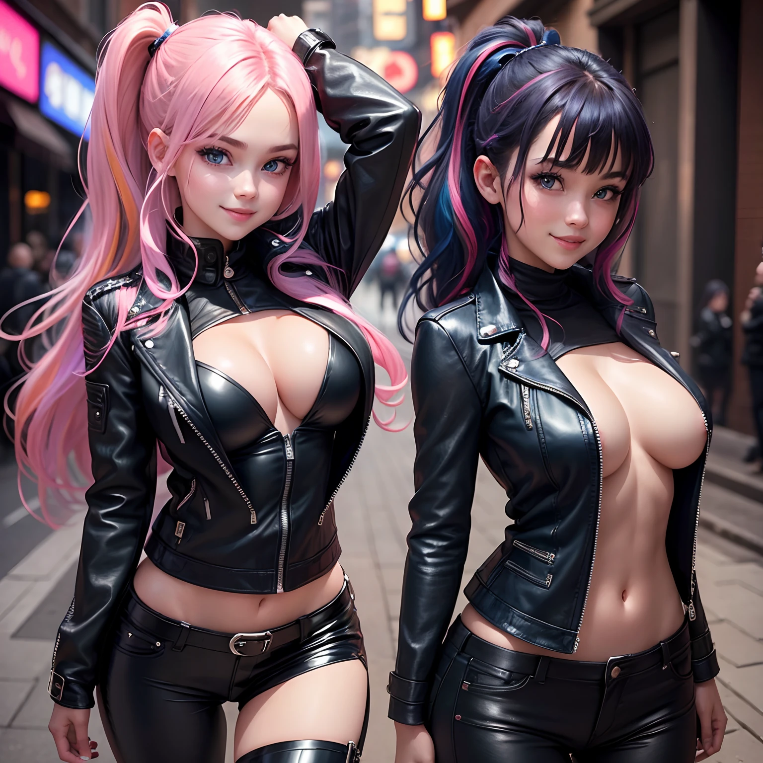 girl with，a smile，hyperdetailed face，super-detaild skin、leather jackets，huge tit，Young girl，idol，beautiful a girl，multicolored hair，modeled，Excellent style，top-quality，leather pant，Perfect girlfriend，Her Body，超A high resolution，８k，blue eyess，Happy smiling face，a beauty girl