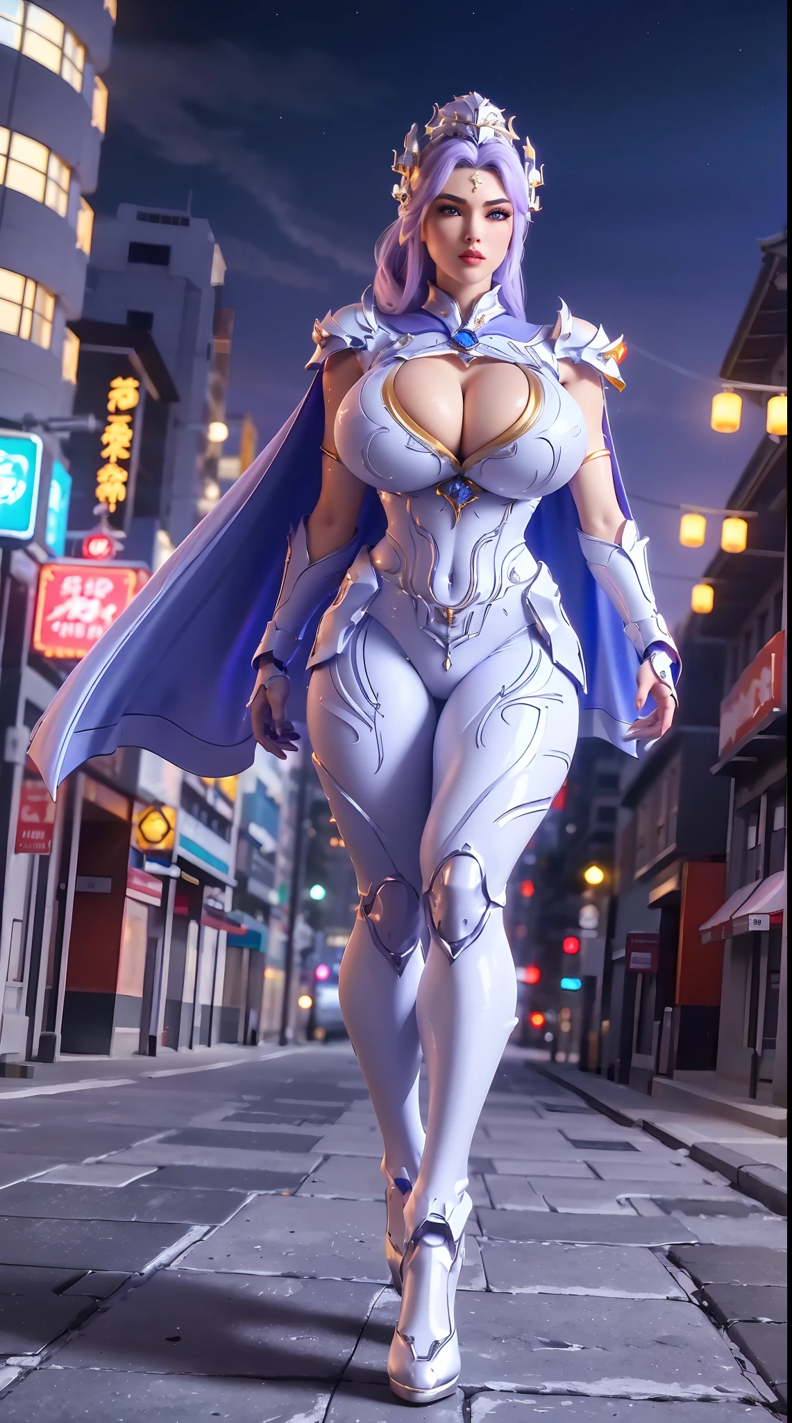 1GIRL, SOLO, (makeup, beautifull eyes, red libs, white ponytail hair, gold ornament hair), (BUSTY HUGE FAKE BOOBS:1.3), (GUARD ARM, GLOVE), IMMORTAL, (white, purple, blue, FUTURISTIC DRAGON MECHA ARMOR SUIT, ROYAL CAPE, CLEAVAGE, SKINTIGHT YOGA PANTS, HIGH HEELS:1.5), (MUSCULAR BODY, SEXY LONG LEGS, FULL BODY:1.3), (FROM A FRONT PERSPECTIVE, LOOKING AT VIEWER:1), (WALKING DOWN ON STREET NIGHT CITY:1.3), PHYSICALLY-BASED RENDERING, ULTRA HIGHT DEFINITION, 8K, 1080P.