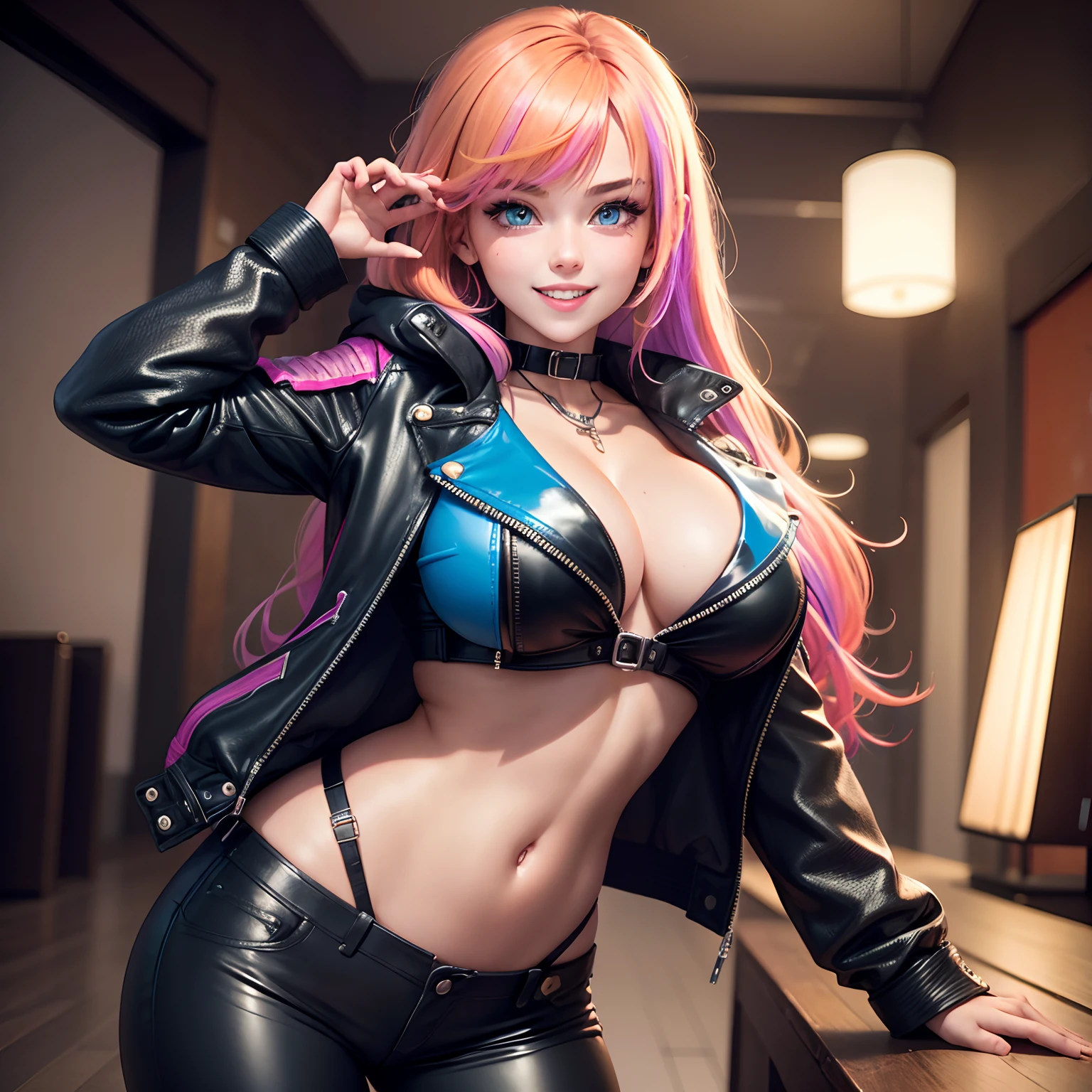 girl with,a smile,hyperdetailed face,super-detaild skin、leather jackets,huge tit,Young girl,idol,beautiful a girl,multicolored hair,modeled,Excellent style,top-quality,leather pant,Perfect girlfriend,Her Body,超A high resolution,8k,blue eyess,Happy smiling face,a beauty girl