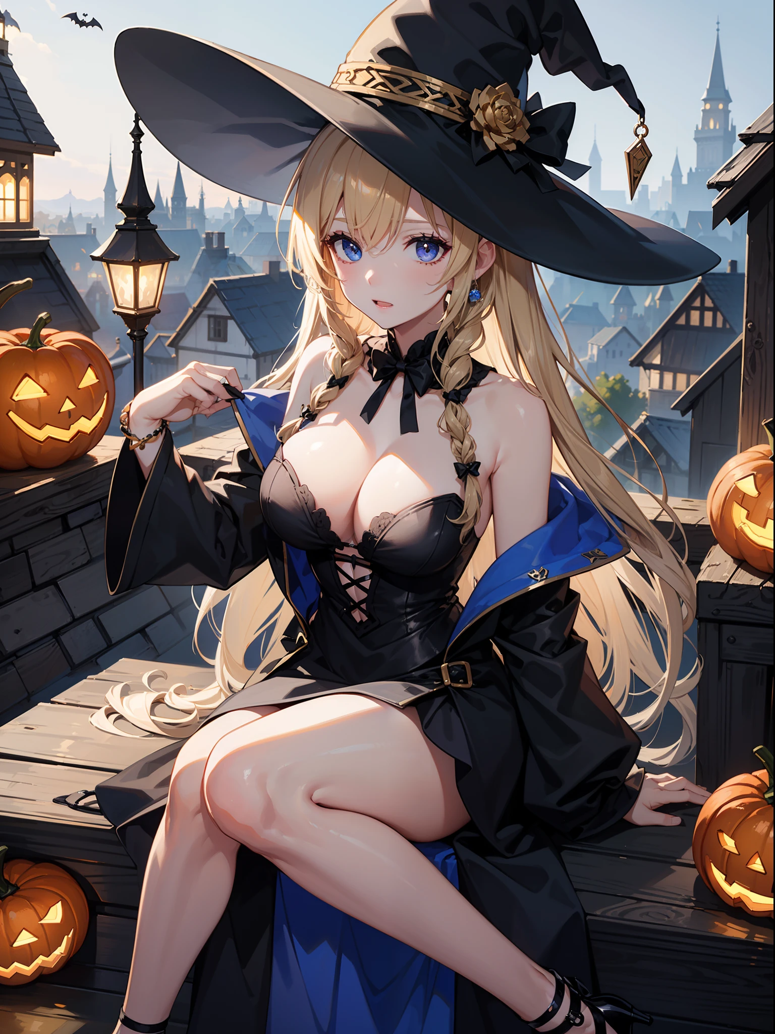 in 8K、top-quality、masterpiece、ultra-detailliert、Ultra-high resolution、((1 persons))、girl with、Halloween、witch's hat、a blond、Braided hair、Black Dress、bare shoulders、cleavage of the breast、makeups、eyeshadows、A bracelet、medieval town、Sit on the roof、Black cat