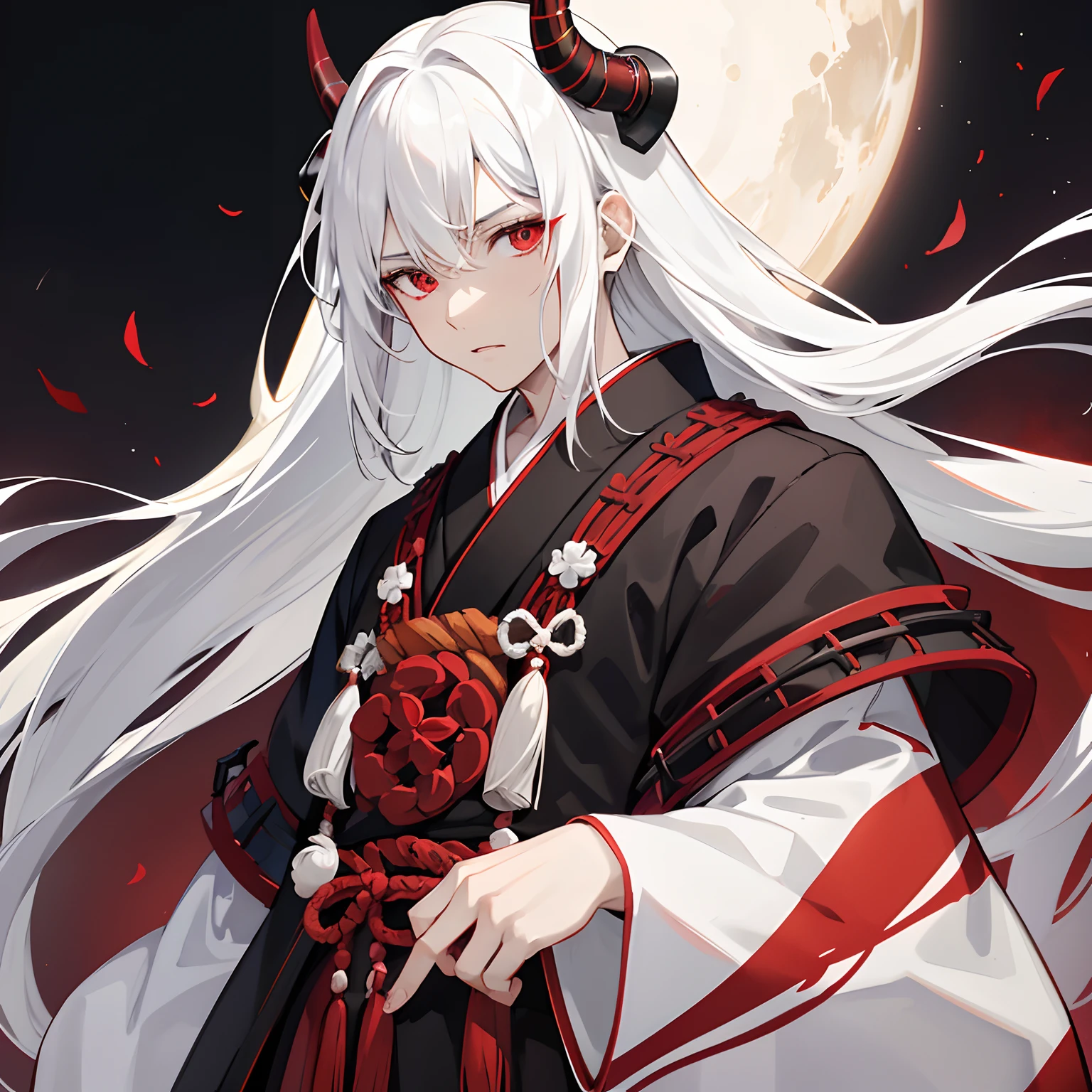 1male, masculine, white hair, ((adult)), long hair, messy hair, blue eyes, red yukata, ((red tattoos)) black underclothing, ((horns)), (old japan background), detailed background, standing on path, expressionless, emotionless, old japan town background, spider lillies, dark atmosphere, dark background, ((detailed eyes)), detailed face, illuminated eyes, dynamic lighting