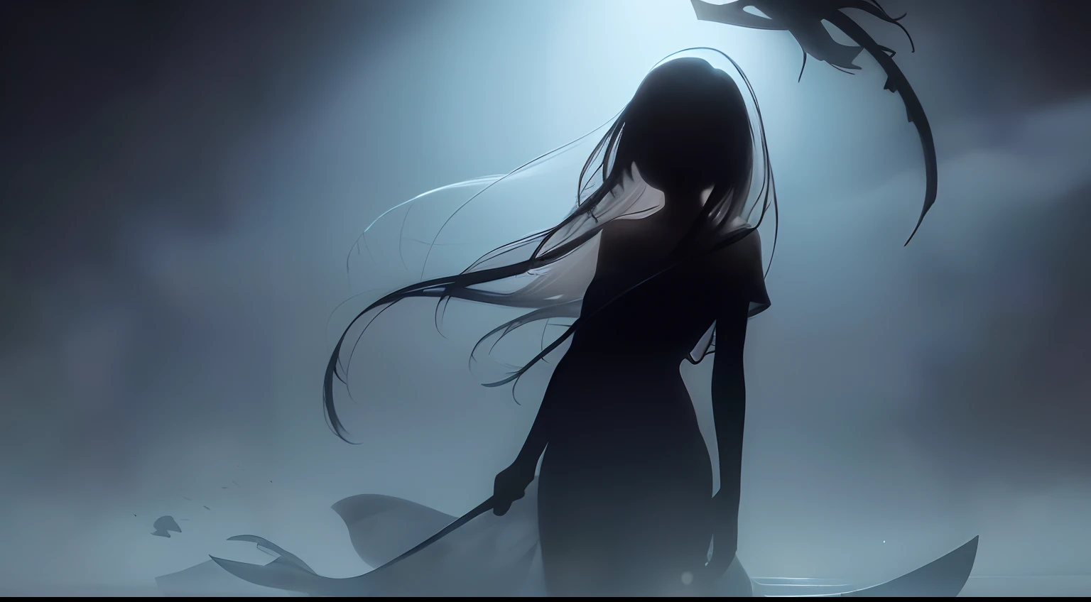 (a very delicate and beautiful)、(TThe shirt)femele、Offensive photo、独奏、(silhuette)、(With movement)、dark backgrounds、Black figure、(silhuette)、skinny body、sea the background of、single body、mournful、1 persons