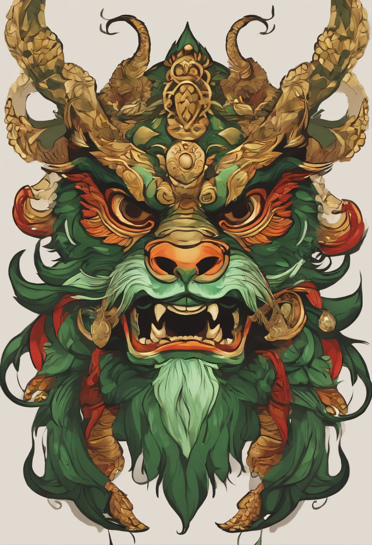 Sticker illustration on white background, Leprechaun face paint in the shape of a dragon, Pintura em estilo oriental, tengu mask, demon samurai mask, Asura em mitologia chinesa, Estilo de contorno arrojado, bordas irregulares, Lixeira, sombreamento claro --v 5.2