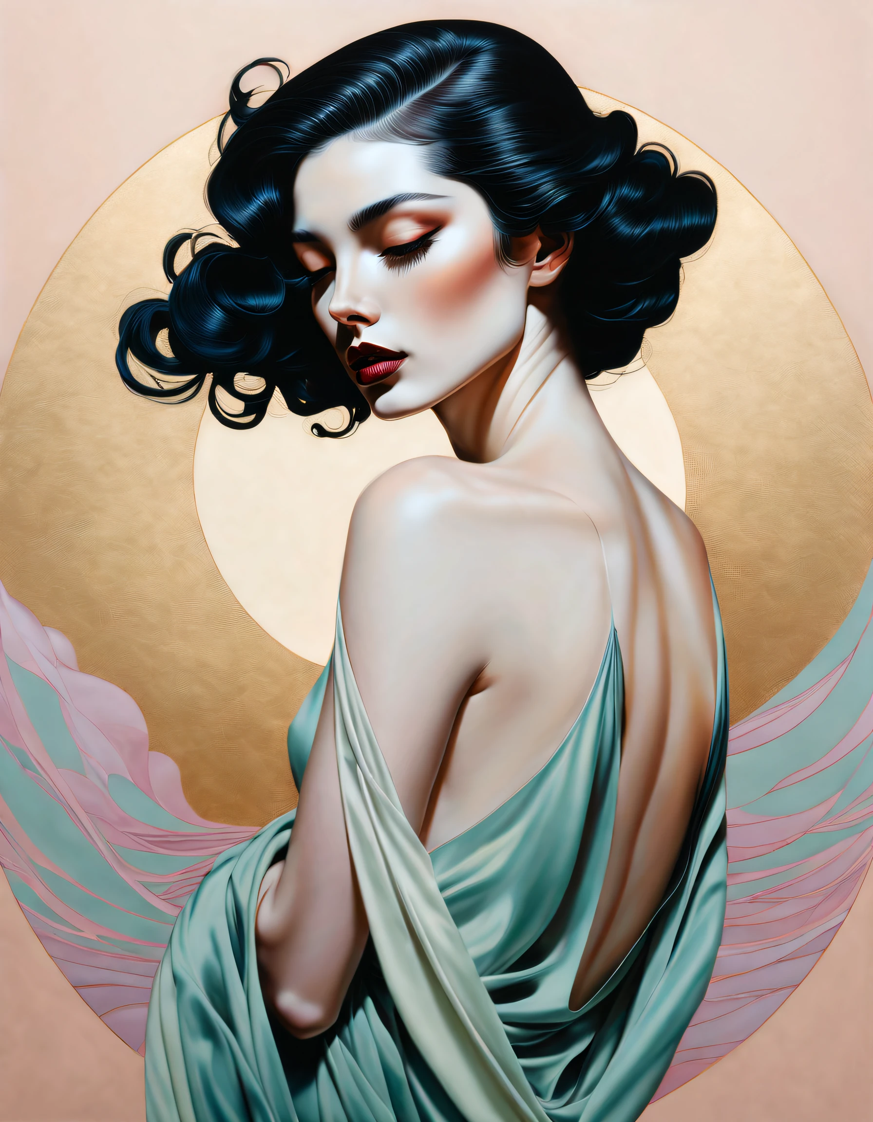 chiaroscuro technique on sensual illustration of an elegant woman, vintage ,silky eerie, matte painting, by Hannah Dale, by Harumi Hironaka, extremely soft colors, vibrant, pastel, highly detailed, digital artwork, high contrast, dramatic, refined, tonal, golden ratio