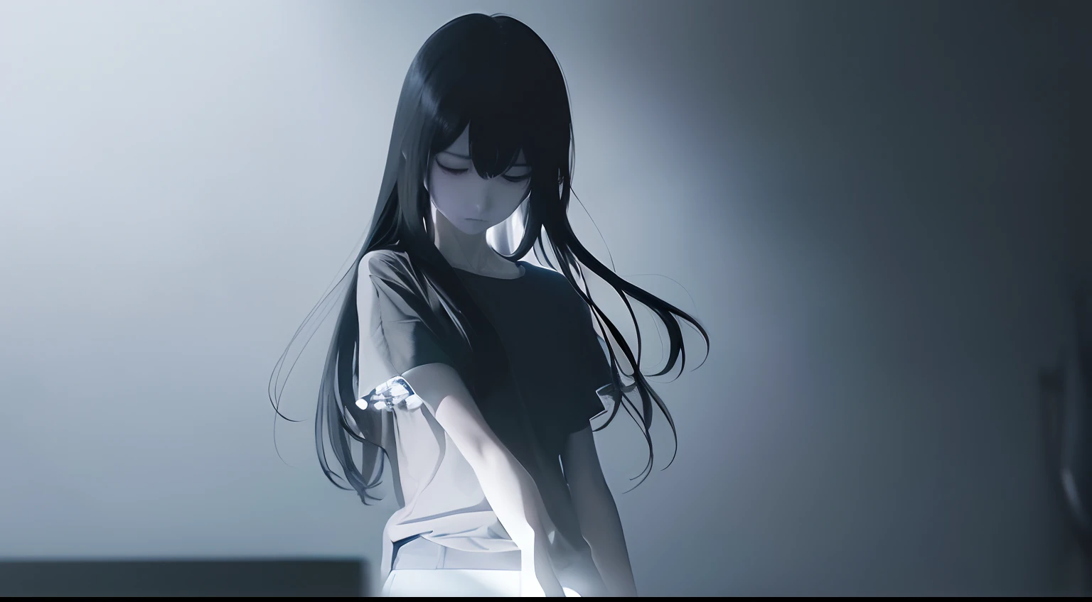 (a very delicate and beautiful)、suicide、Knives、(TThe shirt)femele、Offensive photo、独奏、(silhuette)、(With movement)、dark backgrounds、Black figure、(silhuette)、skinny body、background at room、single body、mournful、1 persons、