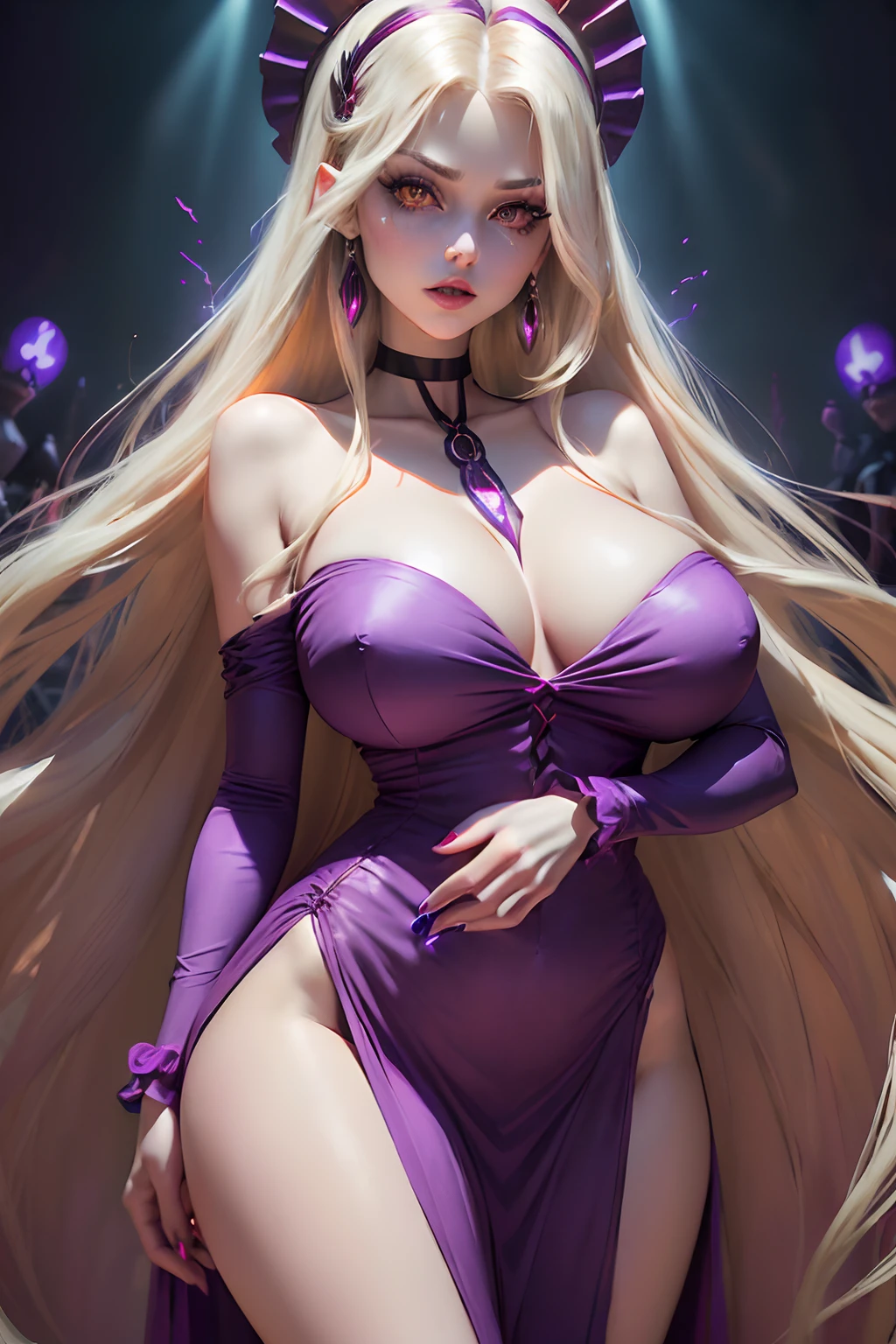 ((Pacifica northwest from gravity falls animated series))(big glowing eyes)(bright red lips)) ((long blonde straight hairstyle with bangs))((dark eyeshadows make up))(((very huge breasts))) ((perfect slim body))((wears light purple elegant long dress)) (earrings, choker, head band,)((posing sexy inside haunted mansion))(high definition, dynamic illumination and shadows)((masterpiece))(8k)(perfect face)(best quality) (perfect hands and eyes)((ghosts floating around))