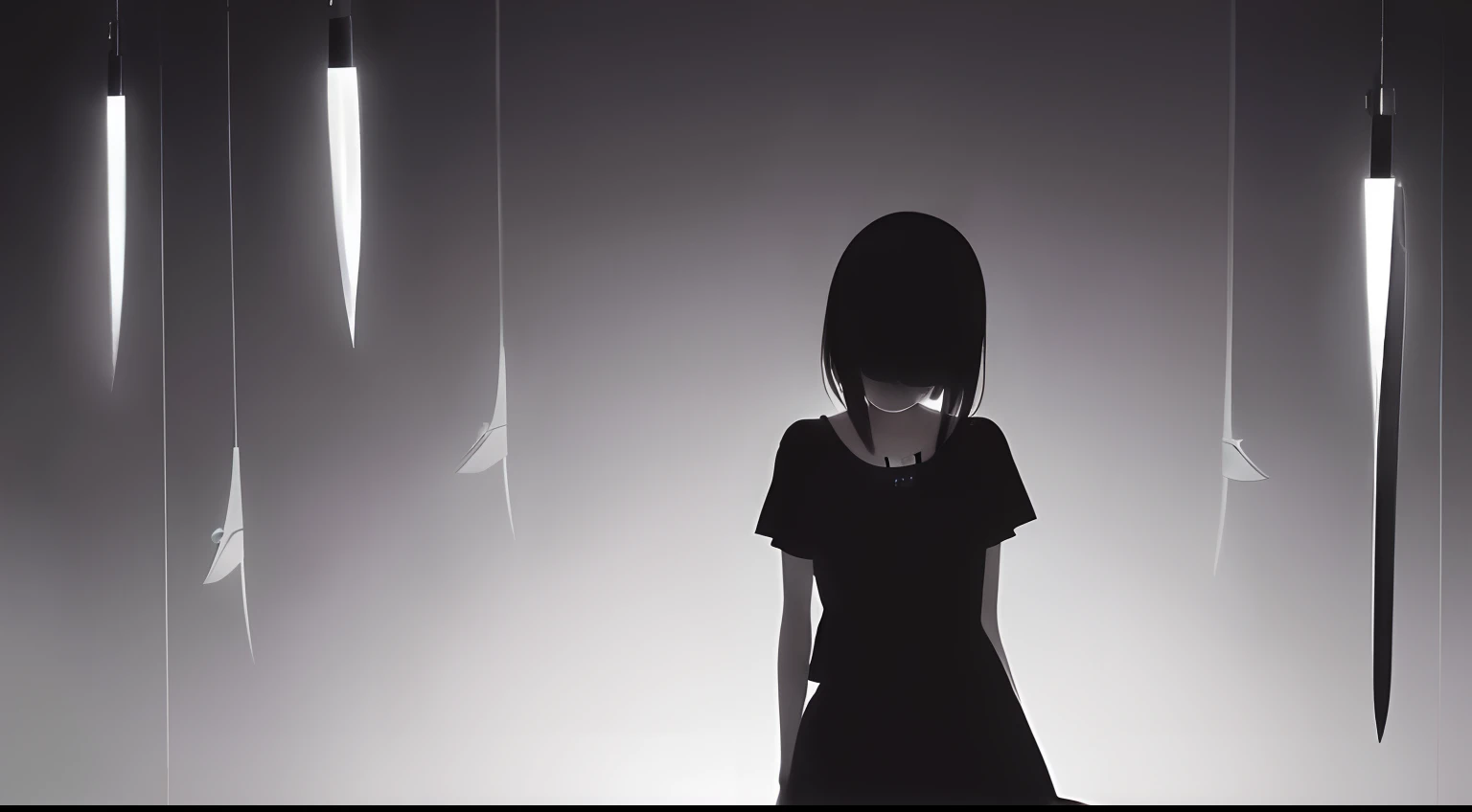 (a very delicate and beautiful)、suicide、Knives、(TThe shirt)femele、Offensive photo、独奏、(silhuette)、(With movement)、dark backgrounds、Black figure、(silhuette)、skinny body、background at room、single body、mournful、1 persons、