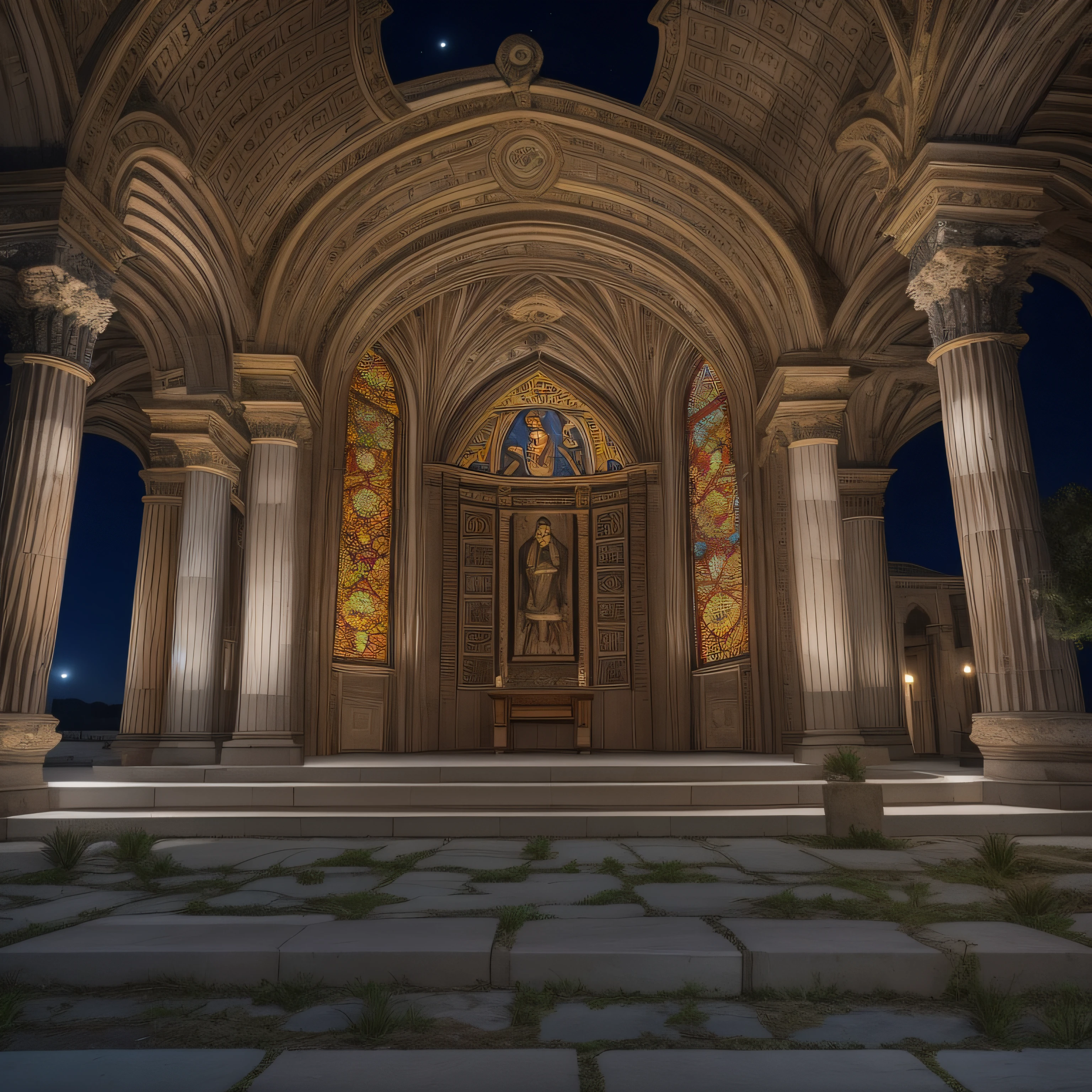 Un templo religioso pagano griego totalmente restaurado en un entorno nocturno