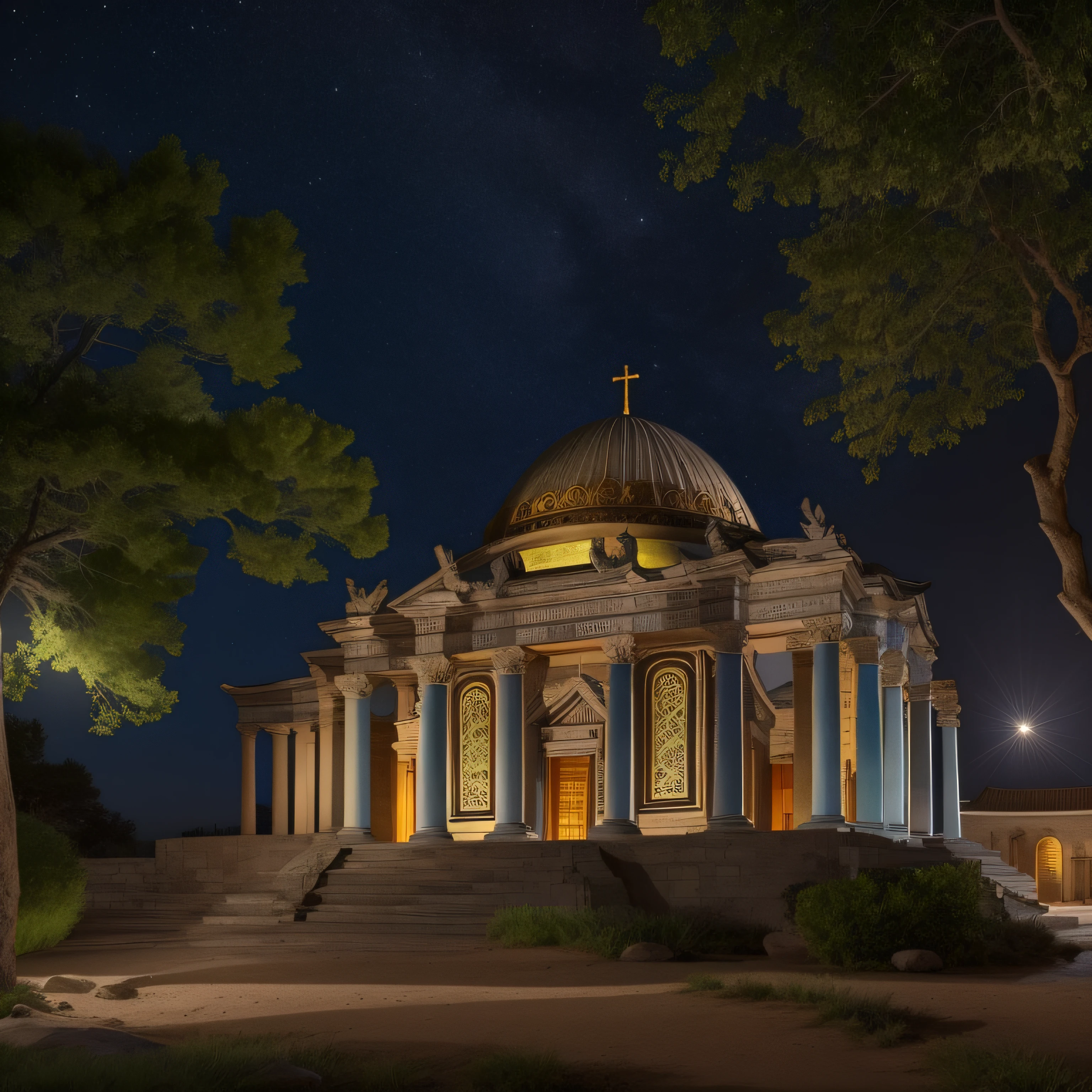 Un templo religioso pagano griego totalmente restaurado en un entorno nocturno