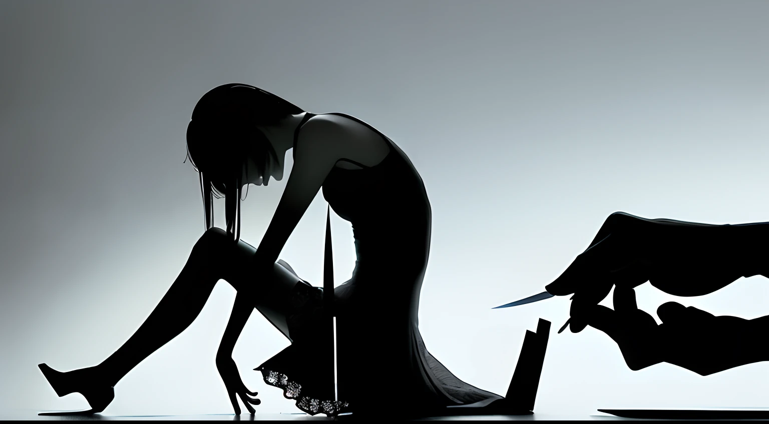 (a very delicate and beautiful)、suicide、Knives、(TThe shirt)femele、Offensive photo、独奏、(silhuette)、(With movement)、dark backgrounds、Black figure、(silhuette)、skinny body、background at room、single body、mournful、1 persons、
