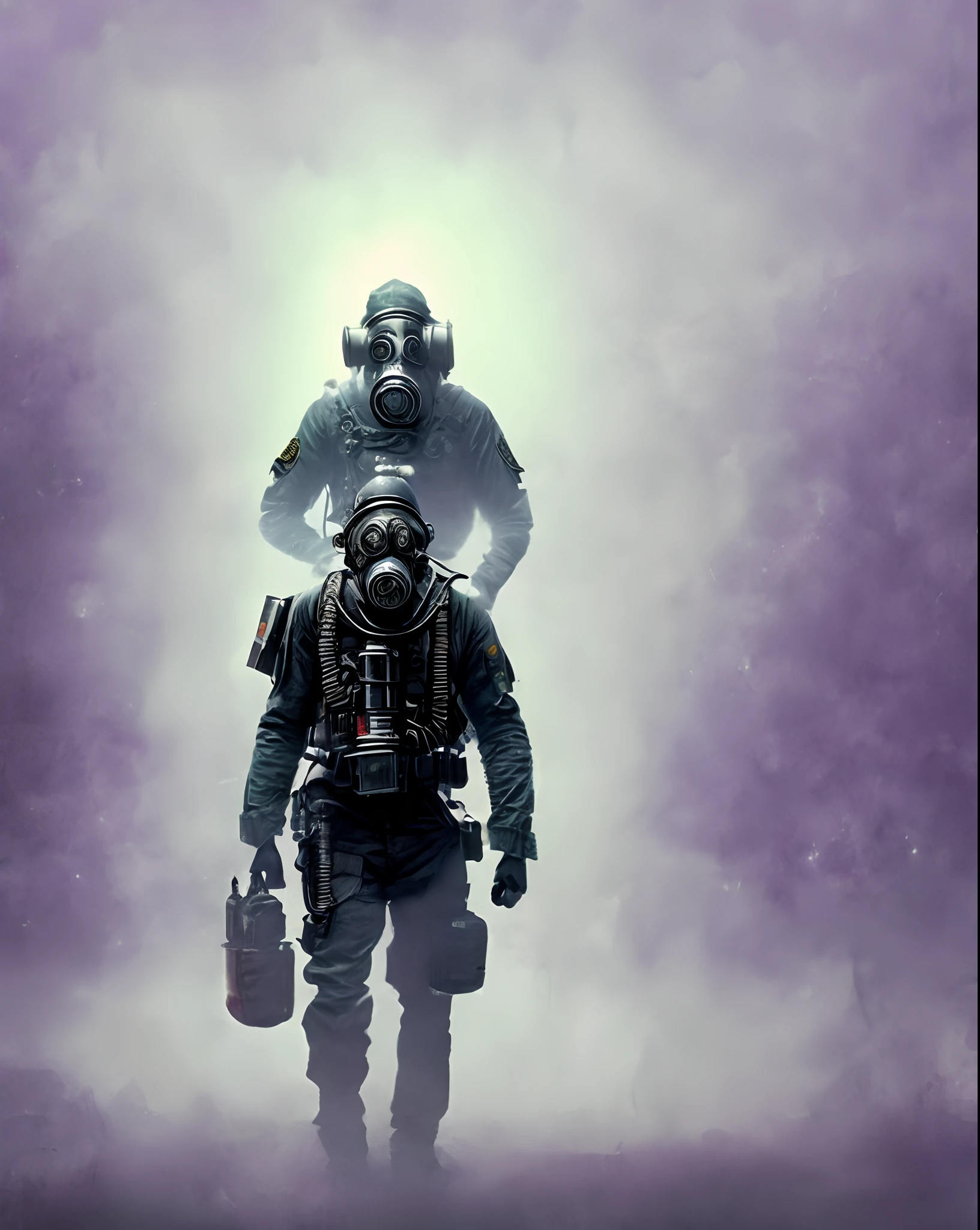 A Mobile task force from the SCP universe with purple gas mask lenses lenses and quad purple night vision goggles standing in the fog Alone staring at the camera with pistol in their hand