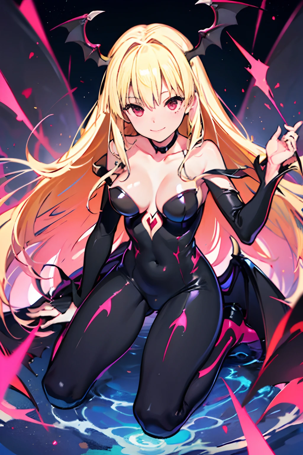 Carefully draw the face　5  girl　High-quality faces in anime style　a blond　Shiny black full body suit　Red lines all over the body　seductiv　a smile　Morrigan Aensland　hypnotized