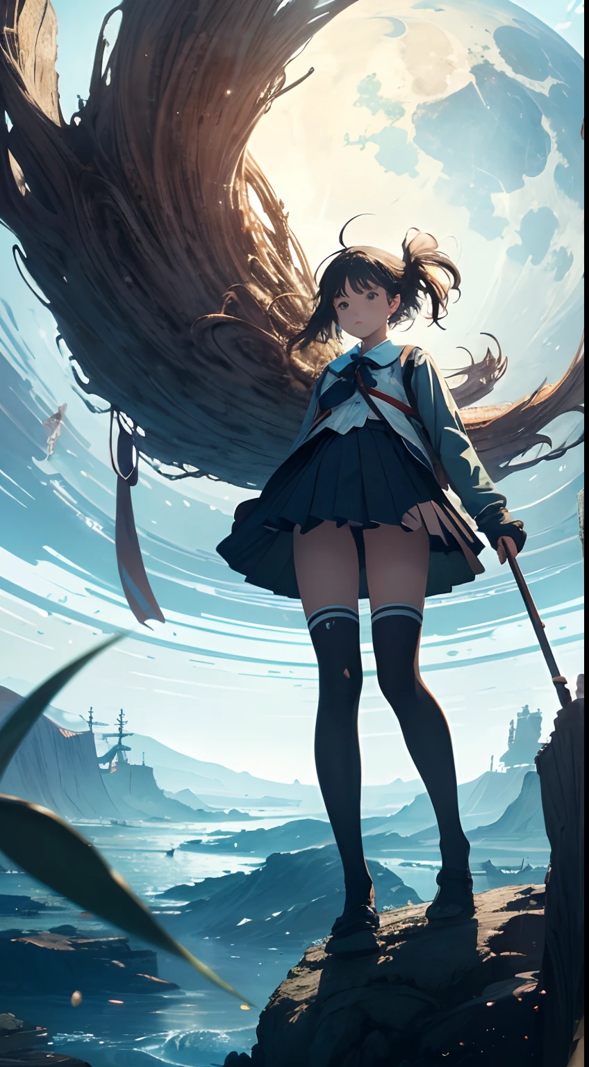 James Jean, kate Greenaway, Surreal, mysterious, strange, fantastical, fantasy, Sci-fi, Japanese anime, school route, miniskirt high school girl, swimming on a huge moon, wide angle, detailed masterpiece Depth of field, cinematic lighting, high resolution definition quality
