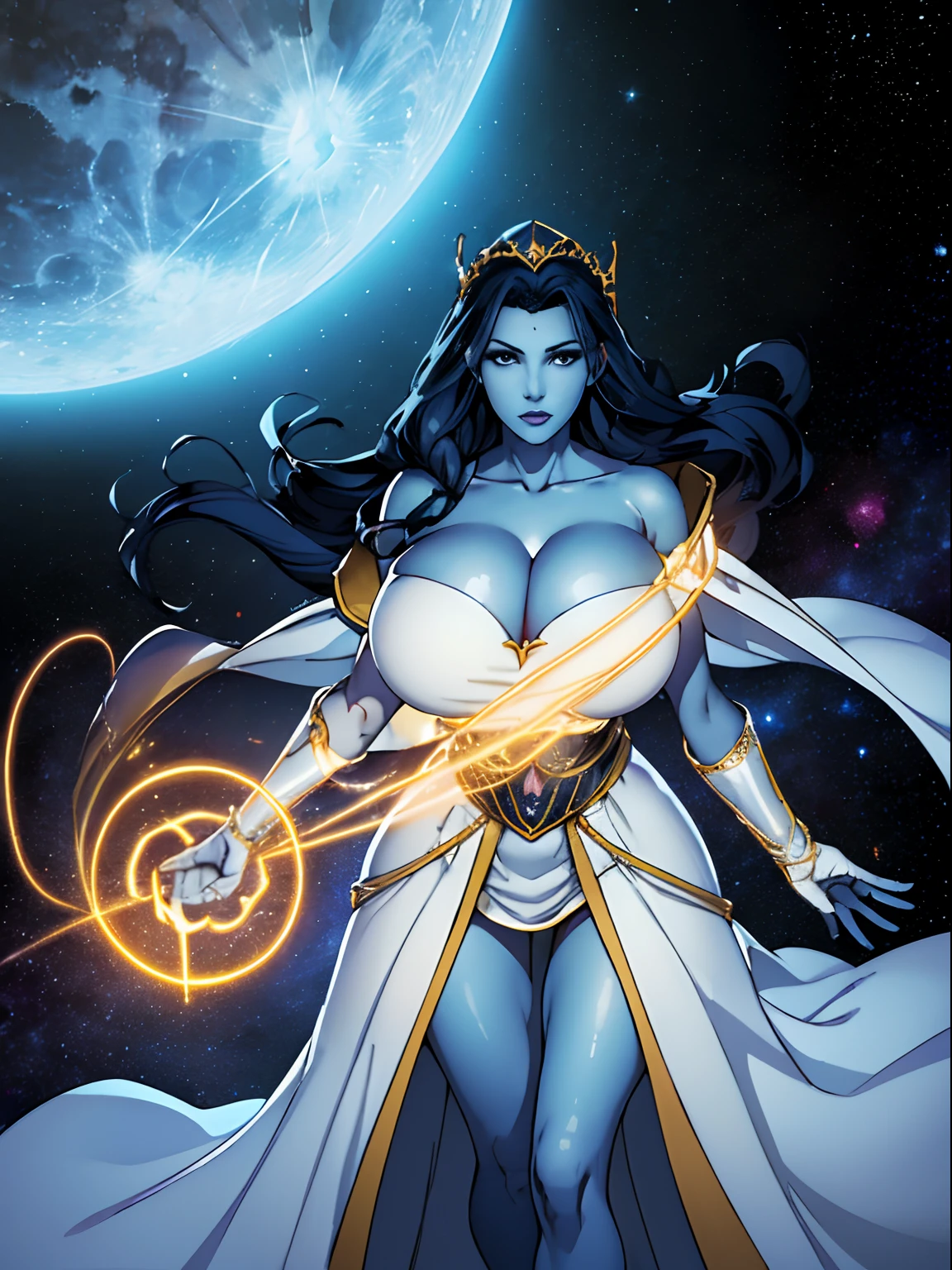 (masterpiece, top quality, best quality, official art, beautiful and aesthetic:1.2), (1girl:1.3), dark blue hair in braid, extremely detailed, portrait, looking at viewer, solo, (full body:0.6), detailed background, close up, (cool science fiction space theme:1.1), ((((blue skin)))), extremely busty sorceress, charlatan, mysterious, casting spells in space, four arms, revealing white robes, fingerless gloves, long gloves, glowing magical energy, blindfold, elaborate headdress, golden ceremonial tiara, sheer white fabric, elegant robes, skirts, streamers, cowl, cape, sandals, bracers, ((((extra arms, gigantic breasts, cleavage, skindentation)))), slim waist, slim hips, long legs, athletic, SPACE, futuristic moon, (space exterior:1.1) background, dark mysterious lighting, shadows, magical atmosphere, dutch angle