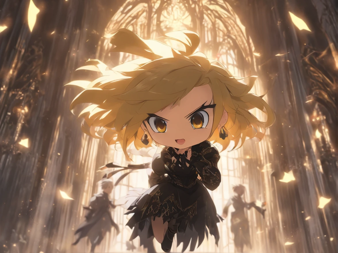 ((Chibi、Mini、Blunt bangs、Ash Gold Hair、a short bob、discreet breasts、Intricate Gothic décor、Black and white gothic dress)):1.5、full body Esbian、Concept sheet、masuter piece、超A high resolution、Looking at the camera、Angle from above、jumpping、dash、acrobatic pose、White background