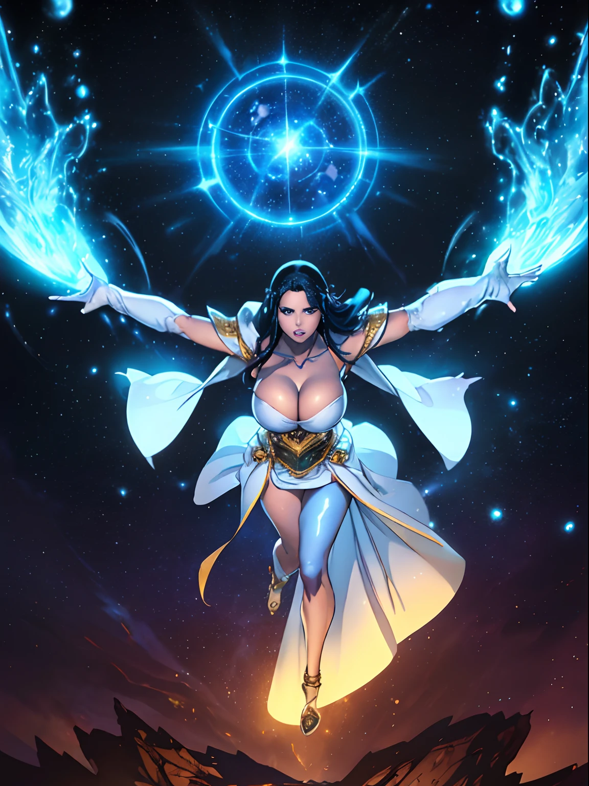 (masterpiece, top quality, best quality, official art, beautiful and aesthetic:1.2), (1girl:1.3), dark blue hair in braid, extremely detailed, portrait, looking at viewer, solo, (full body:0.6), detailed background, close up, (cool science fiction space theme:1.1), ((((blue skin)))), extremely busty sorceress, charlatan, mysterious, casting spells in space, four arms, revealing white robes, fingerless gloves, long gloves, glowing magical energy, blindfold, elaborate headdress, golden ceremonial tiara, sheer white fabric, elegant robes, skirts, streamers, cowl, cape, sandals, bracers, ((((extra arms, gigantic breasts, cleavage, skindentation)))), slim waist, slim hips, long legs, athletic, SPACE, futuristic moon, (space exterior:1.1) background, dark mysterious lighting, shadows, magical atmosphere, dutch angle