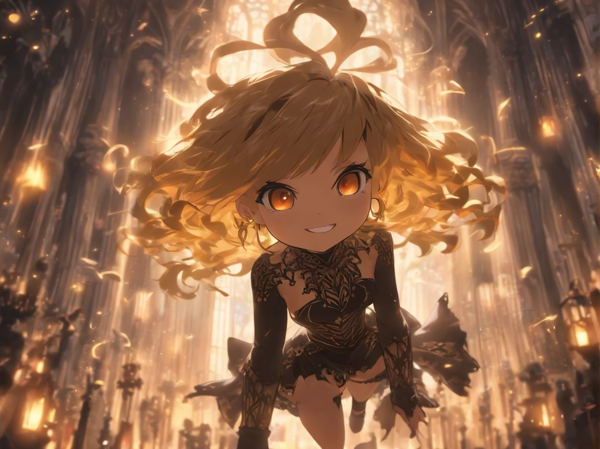 ((Chibi、Mini、Blunt bangs、Ash Gold Hair、a short bob、discreet breasts、Intricate Gothic décor、Black and white gothic dress)):1.5、full body Esbian、Concept sheet、masuter piece、超A high resolution、Looking at the camera、Angle from above、jumpping、dash、acrobatic pose、White background