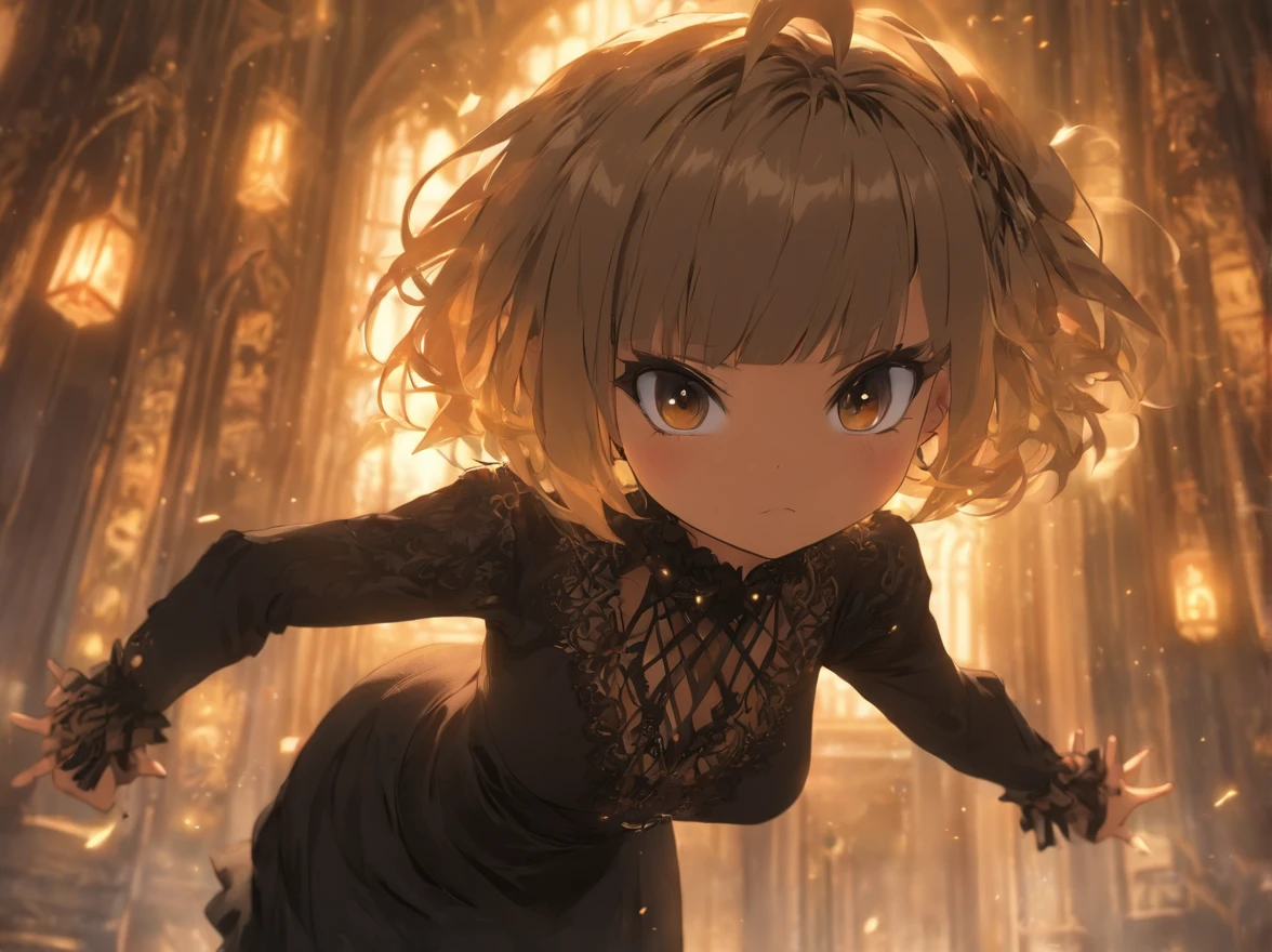 ((Chibi、Mini、Blunt bangs、Ash Gold Hair、a short bob、discreet breasts、Intricate Gothic décor、Black and white gothic dress)):1.5、full body Esbian、Concept sheet、masuter piece、超A high resolution、Looking at the camera、Angle from above、jumpping、dash、acrobatic pose、White background