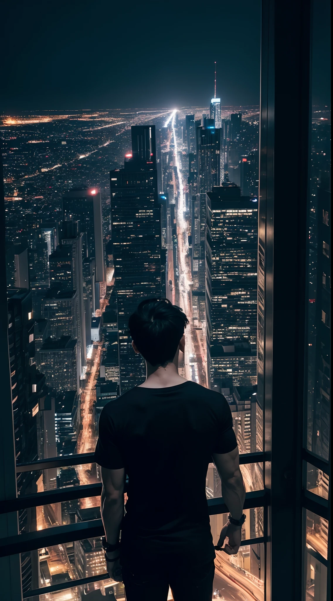 1boy, tall muscular, wearing black tshirt, standing in building, standing in dark place, looking at night city, night time, beautiful night city view, back side view