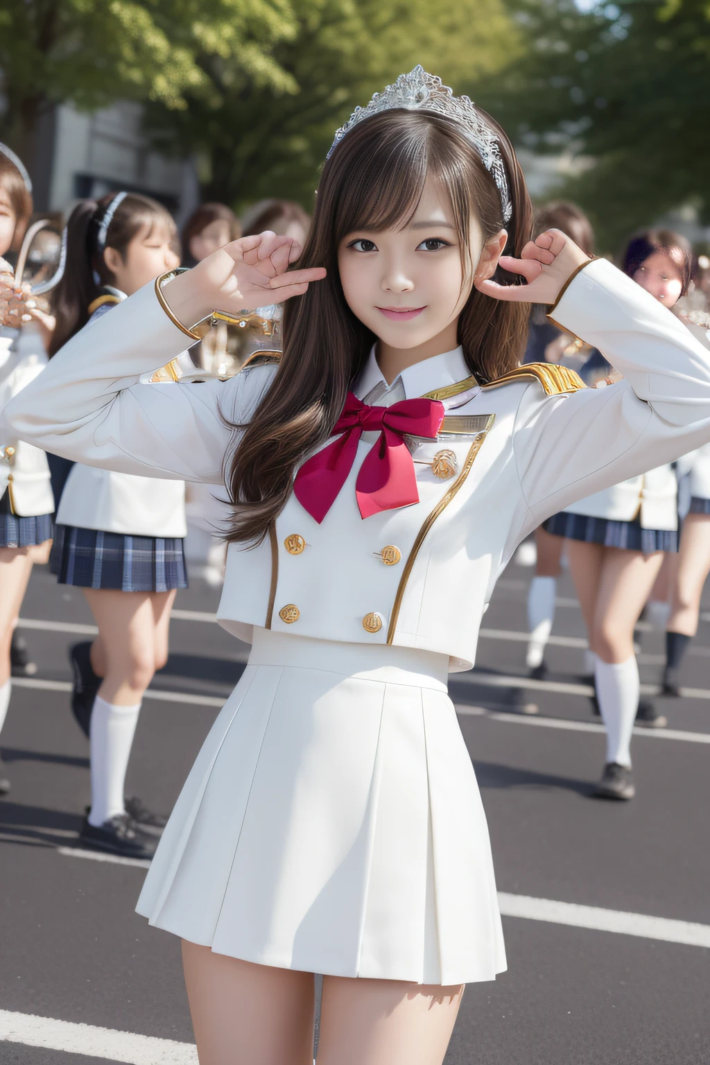 (​masterpiece,top-quality,超A high resolution),A Japanese Lady, Very beautiful 12 year old girl, Kawaii Girl、View photographer､(lipgloss)､(Perfect limbs、perfect anatomia),(((beautiful hairl､Bob Hair、shairband､)))､(((Marching Band,Sexy Marching Band Uniform 1.5，a miniskirt))),Look at viewers、front-facing view、Absolute area(1.3)、In the street)))kawaii、Pure white、Beautiful skin、Moist eyes、Brown glittery hair、Colors and landscapes of youth、Premonition of love、Warm smile､二重まぶた､