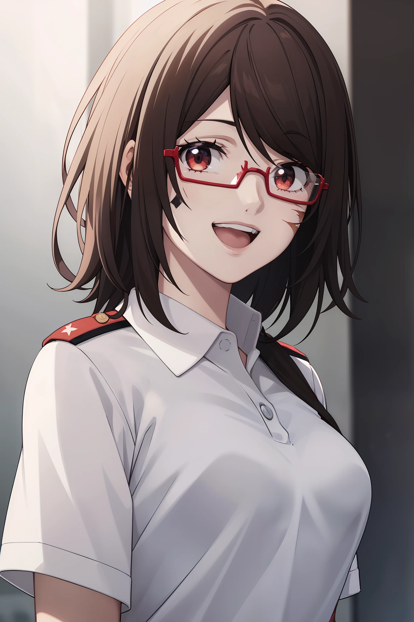 1girl, masterpiece, high quality, best quality, good anime picture, misaki, ((military uniform)), ((polo shirt)), glasses, ((scar on face)), hair ornament, upper body, medium breasts, dynamic light and shadows, smile, open mouth, (red hijab:1.1)