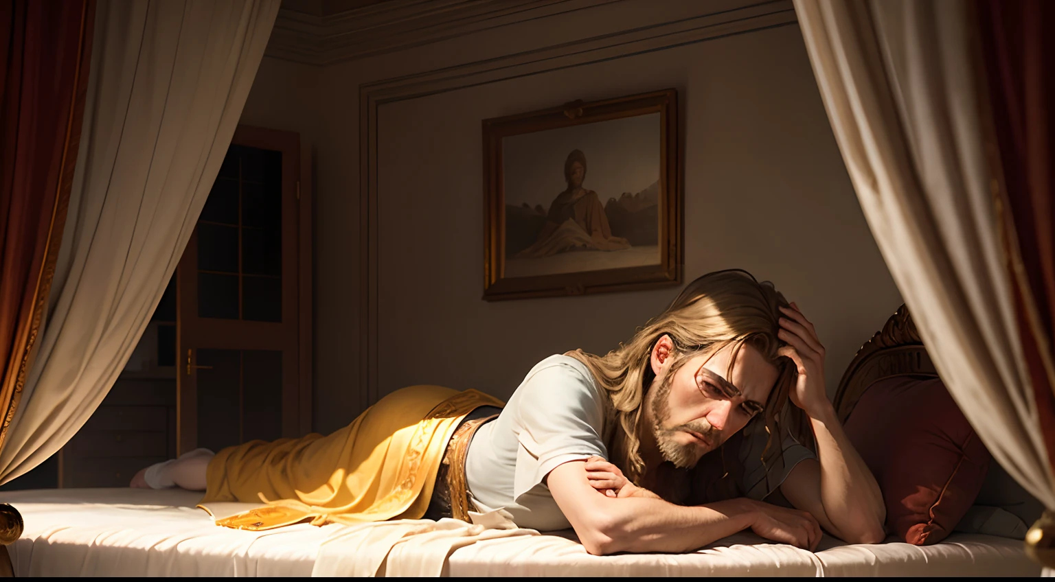 Create a visual scene that conveys the concern of King David lying on an antique bed with a worried face and open eyes.