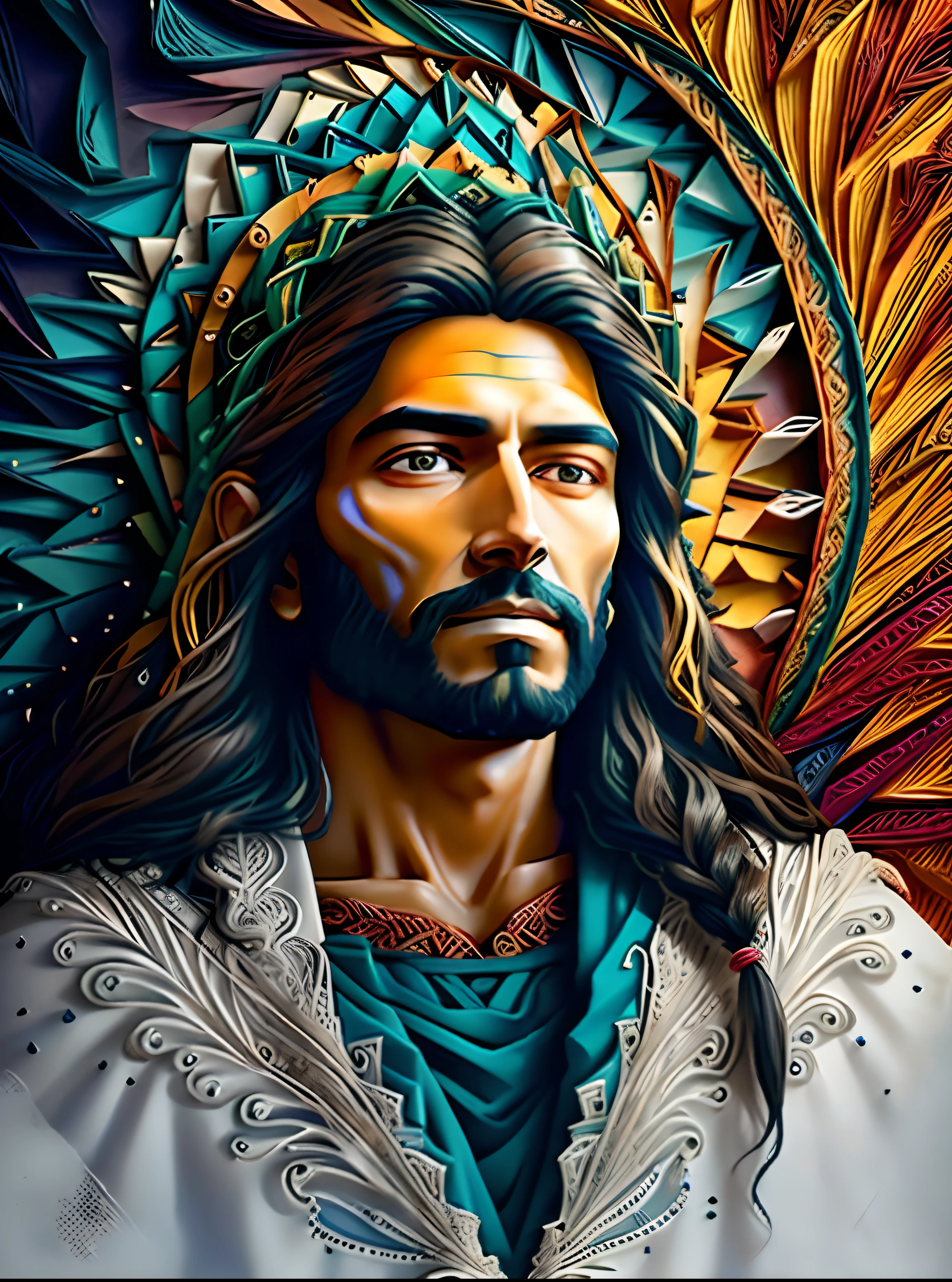 psychedelic art A portrait of Jesus Christ with a cheerful and welcoming facial expression, papel multi dimensional quilling, multidimensional geometric wall PORTRAIT, ayahuasca arte, lindo, Colouring, Primary works, qualidade superior, melhor qualidade, Arte Oficial, Beautiful and Aesthetic,((8K Ultra realista)) jesus is the light of the world, (((Jesus Cristo))), Jesus, Tron legado Jesus Cristo, rosto de Jesus, jesus of nazareth, O Senhor e Salvador, Tron legado Jesus, Jesus Cristo.