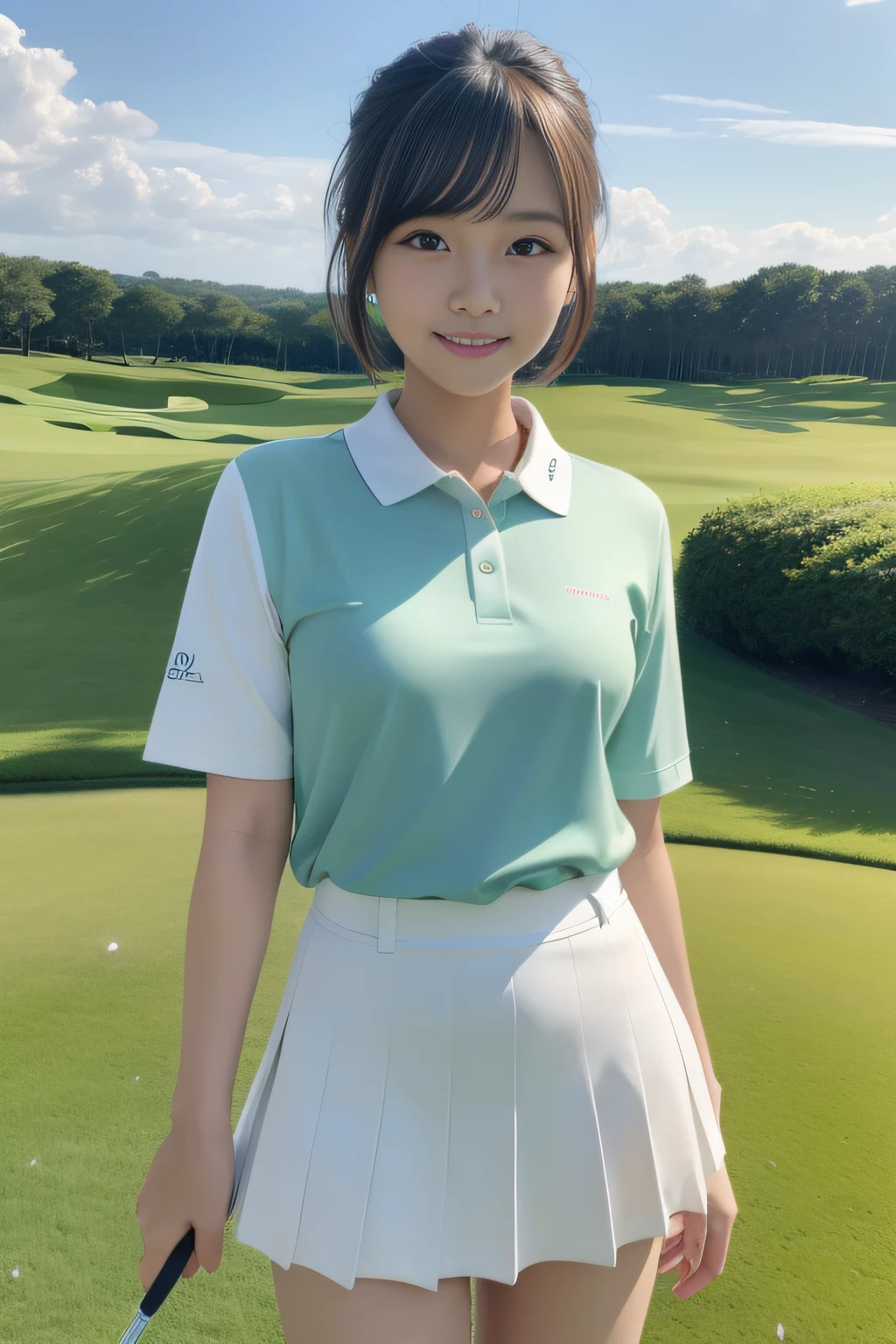 8k, High resolution, Anatomically correct, High detail, A Japanese man wearing tennis wear, a white short-sleeved polo shirt with a collar, Typical summer outfit,Ponytail hairstyle,White skirt, Show off your beautiful legs,Beautiful Face,Realistic depiction, photograph,One woman,Exquisite,clear,Textured skin