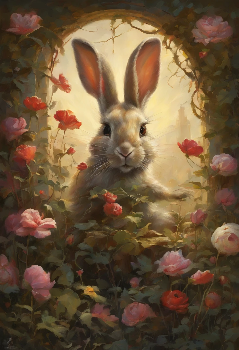 Crafted in the realm of comics, a rabbit ventures amidst flowers, a canvas woven by the touch of Rich Decaying Bleeding Colors. An oil painting's depth graces the scene, Tim Burton's spirit intertwined. Peter Mohrbacher's attention to detail breathes life into every petal, while the rabbit's expression, much like Dan Mumford's characters, resonates with intent. The lighting, reminiscent of Lee Madgwick and Liam Wong, dances across, capturing each emotion in a spectral glow. A portal to dreams, Jasmine Becket Griffith's essence infuses the scene, inviting all to partake in its enigmatic embrace, golden ratio, fake detail, trending pixiv fanbox