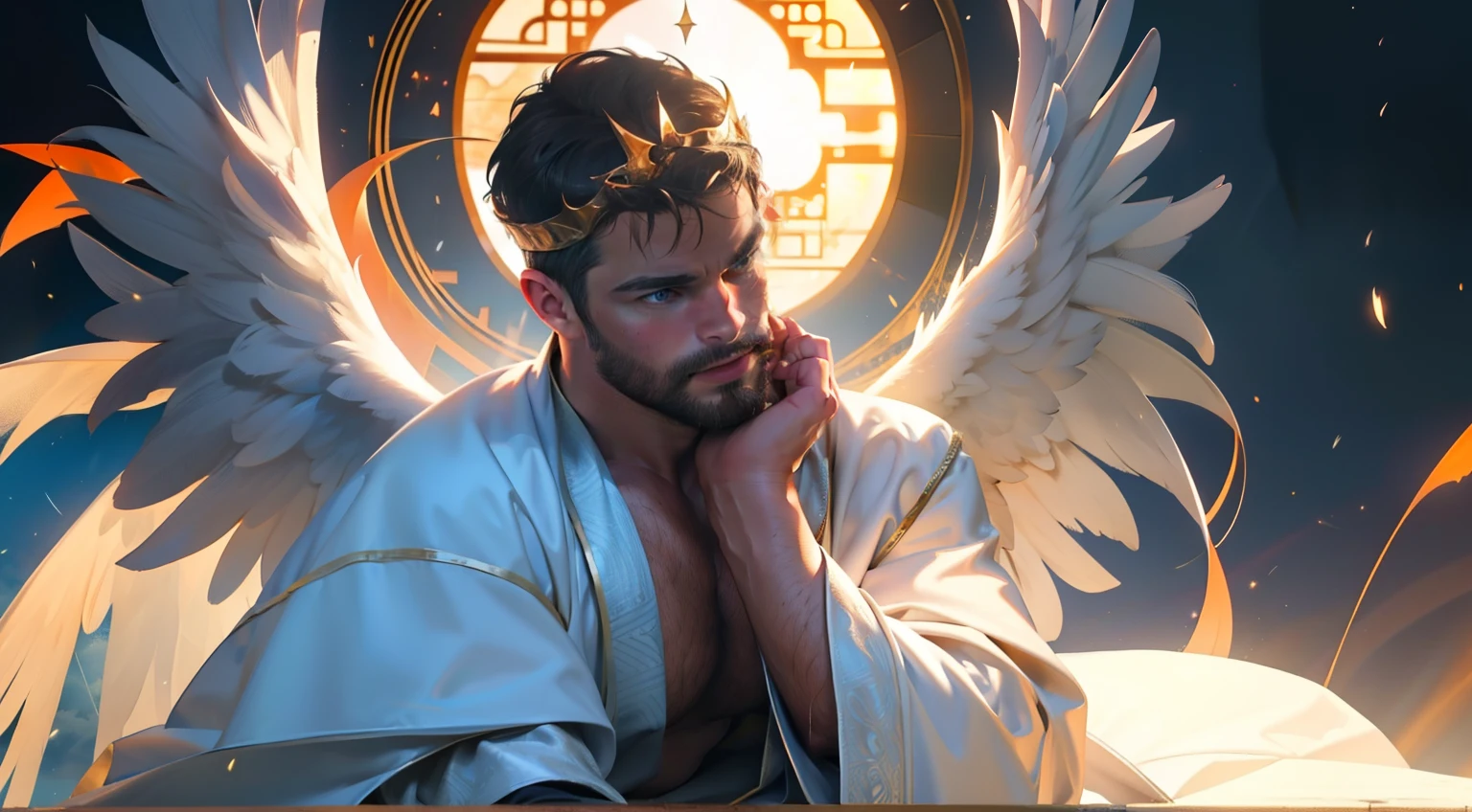 Man with large wings of white feathers on the back, praying, large wings, Jamie Dornan, eyes of light, wearing short black beard, wearing Golden Crown, focus on the details of the face, coming out happy rays, serious and attractive man, wearing white robe, magical and real effect, movie cover, with magical light explosions, powerful celestial warrior, similar to actor Jamie Dornan,  orange magic sky image background, (8k, RAW photo, best quality, masterpiece: 1.2), (realistic, photorealistic: 1.37), professional lighting.