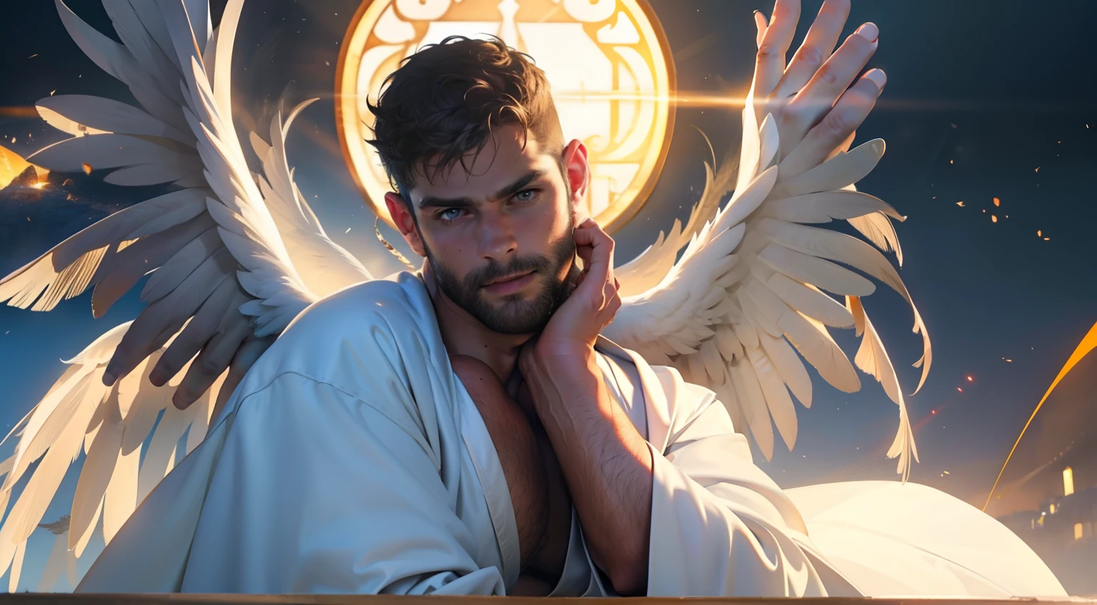 Man with large wings of white feathers on the back, praying, large wings, Jamie Dornan, eyes of light, wearing short black beard, wearing Golden Crown, focus on the details of the face, coming out happy rays, serious and attractive man, wearing white robe, magical and real effect, movie cover, with magical light explosions, powerful celestial warrior, similar to actor Jamie Dornan,  orange magic sky image background, (8k, RAW photo, best quality, masterpiece: 1.2), (realistic, photorealistic: 1.37), professional lighting.