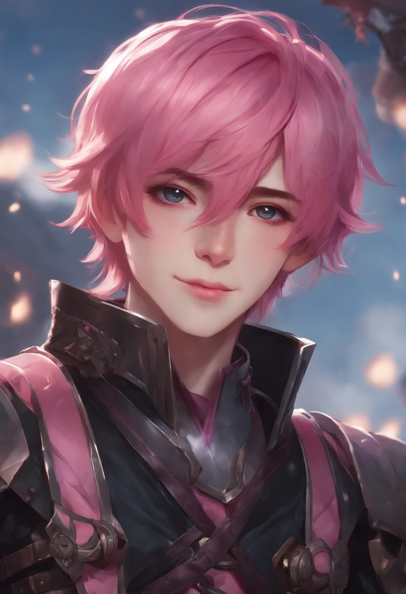1 boy with pink hair staring at the camera while smiling (best quality, beruka, gauntlets)