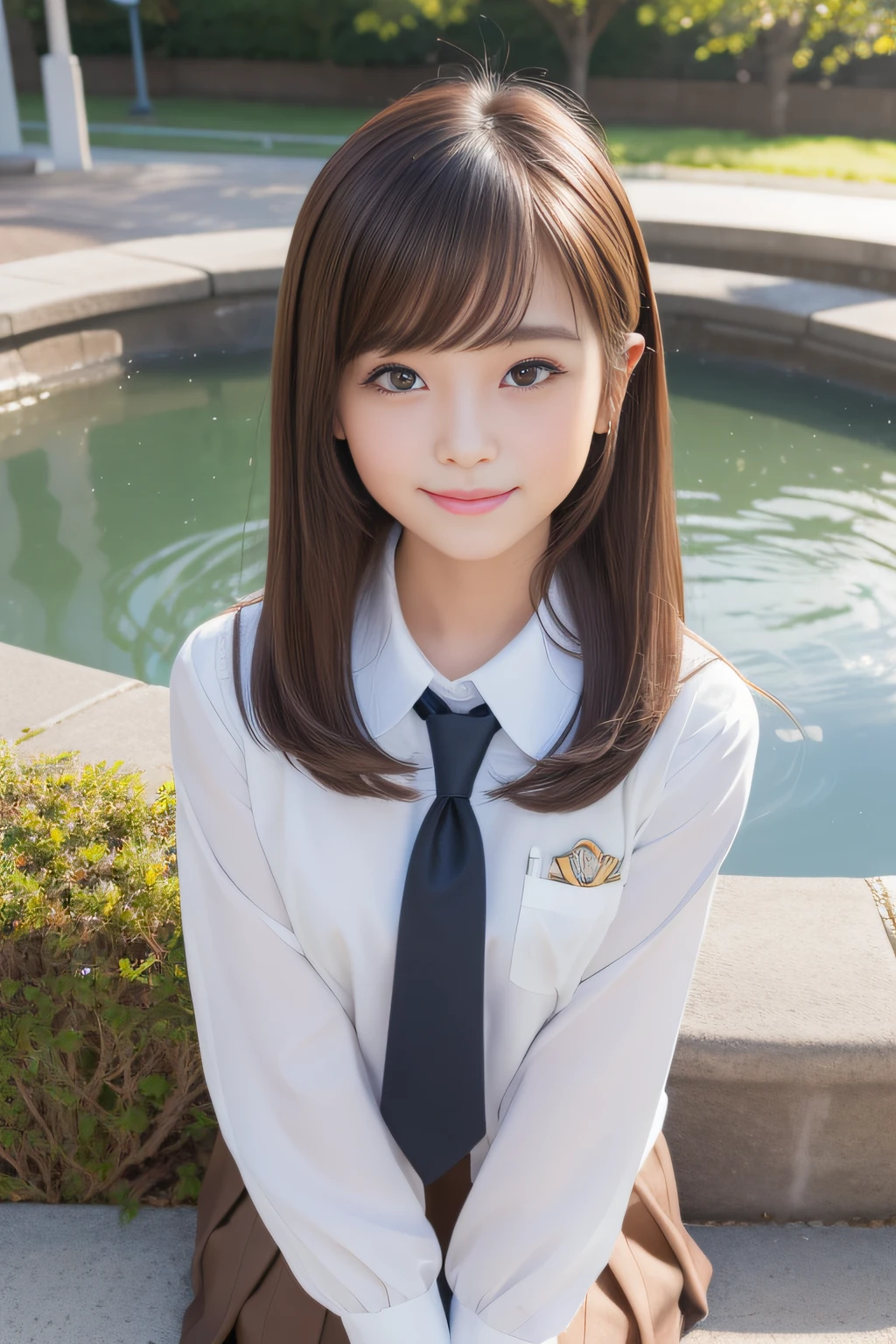 (masterpiece,top-quality,超A high resolution),A Japanese Lady, Very beautiful girl, Kawaii Girl、View photographer、(lipgloss)、(Perfect limbs、perfect anatomia),((beautiful brown hair、Bob Hair、 shairband))、(((School Uniforms)))、kawaii、Pure white、Beautiful skin、Moist eyes、Brown glittery hair、Colors and landscapes of youth、Premonition of love、Warm smile、二重まぶた、((There is a mole under the mouth))、Attend school、((a park、The fountain、heavy wind))Black pantyhose、Loafer shoes