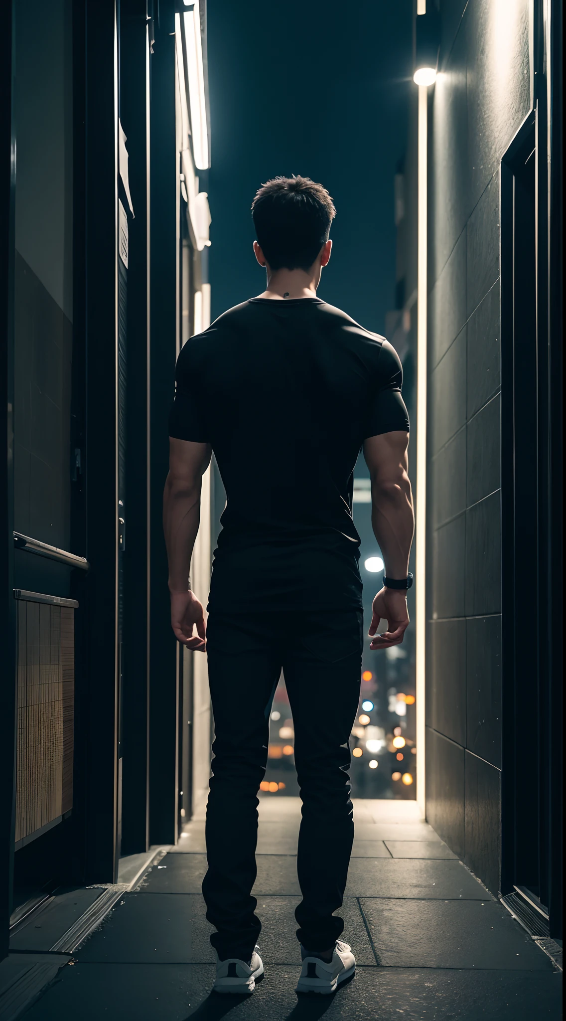 1boy, tall muscular, wearing black tshirt, standing in building, standing in dark place, looking at night city, night time, beautiful night city view, back side view