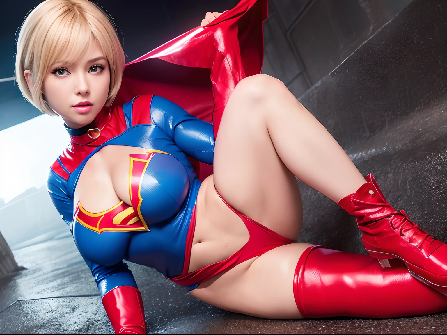 (Best Quality,4K,8K,hight resolution,masutepiece:1.2),Ultra-detailed,Realistic:1.37,masutepiece,Short-haired Supergirl crossing her legs and showing off to the camera、large full breasts、Looking at the camera、Glossy costume、a choker、Shiny bright red enamel boots、bewitching poses