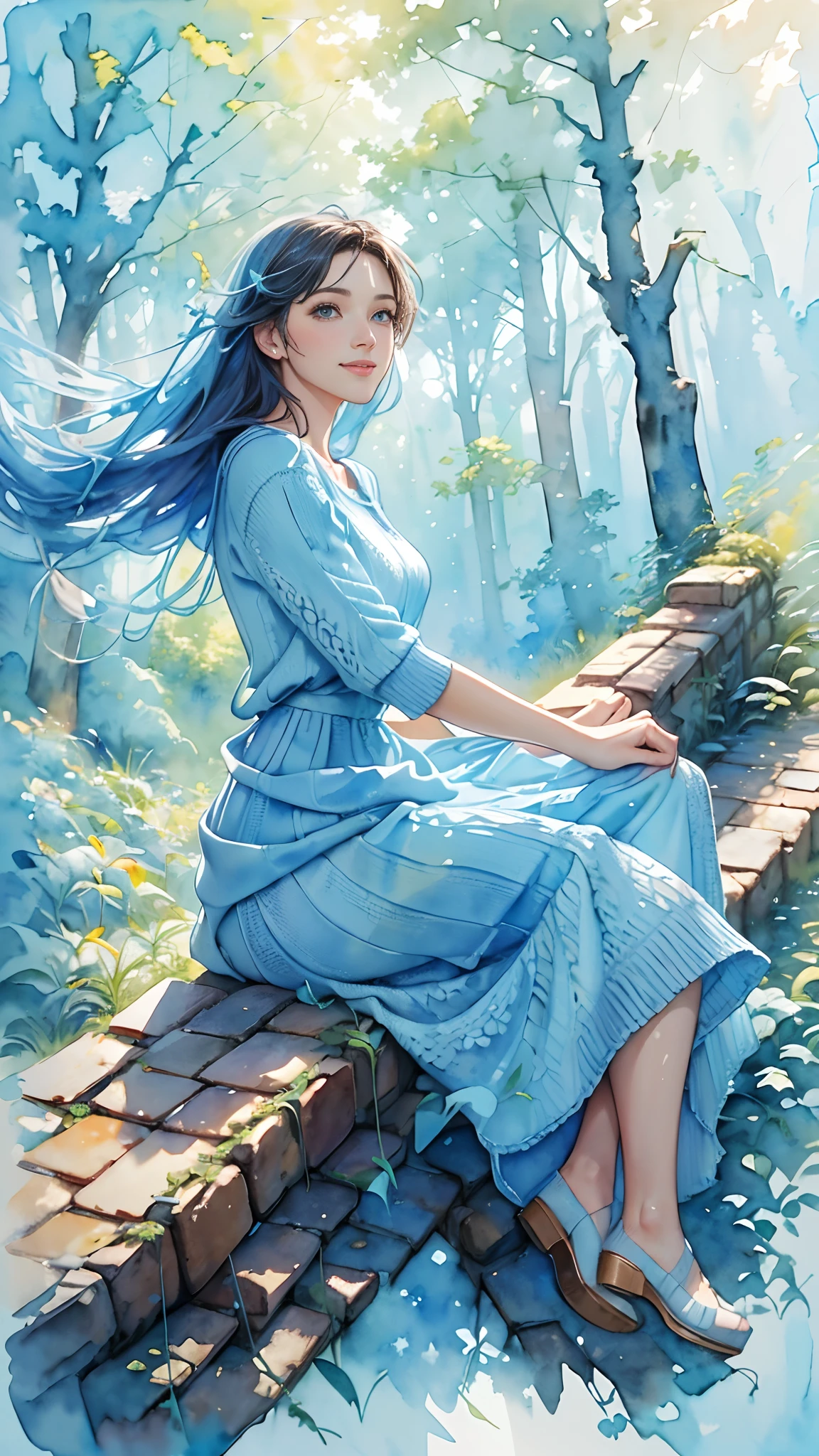 8K,​masterpiece,top-quality, (From the top:1.6) ,(close up:1.1),Dynamic Pose,Sitting on a brick in the forest,Beautiful woman at 30 years old,Portrait, light, Long hair, A smile, watercolor paiting \(Medium\),watercolor paiting,(Plain short-sleeved light blue knit dress that adheres to the body:1.3)